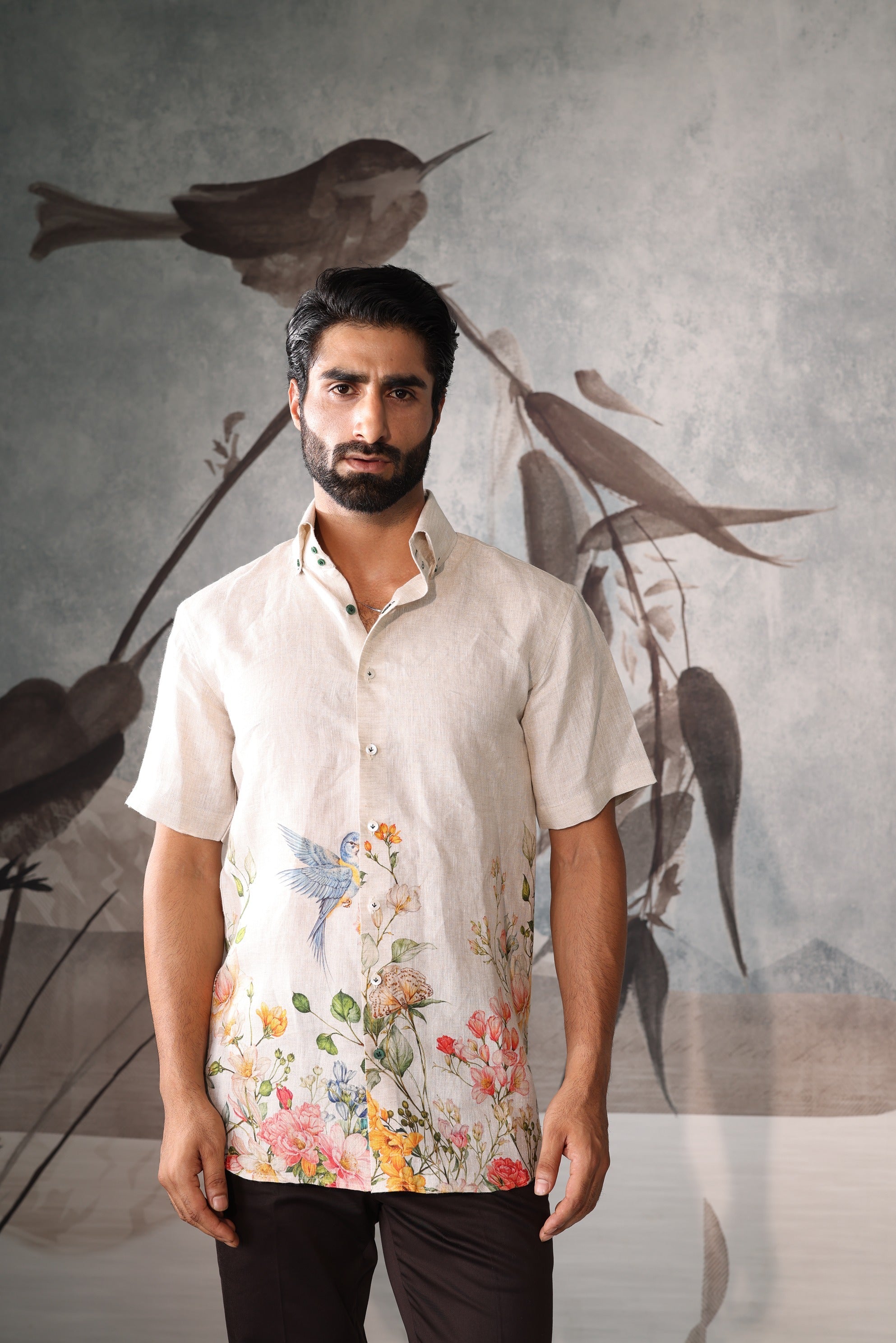 Beige half sleeves shirt with floral print