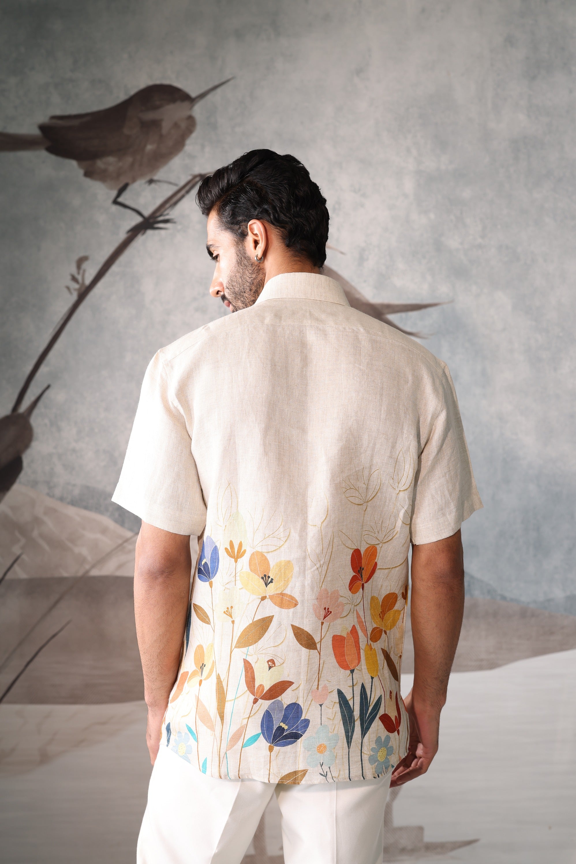 beige linen shirt - tropical garden print