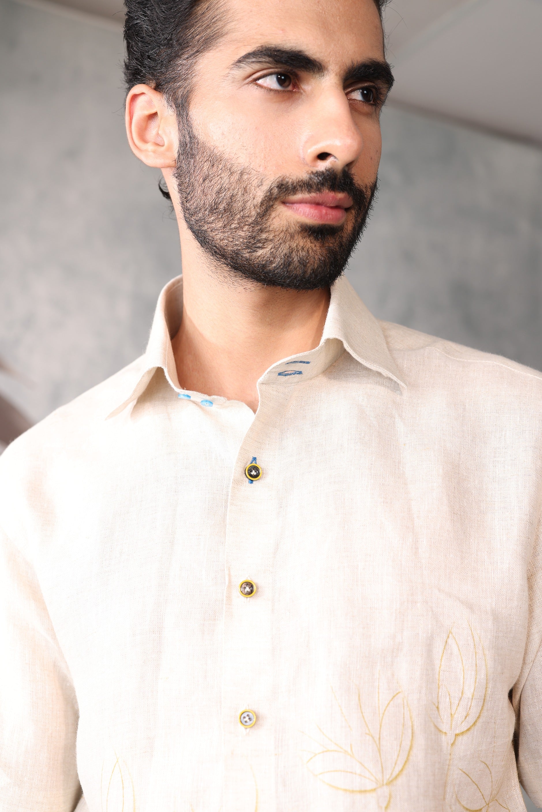 beige linen shirt - tropical garden print