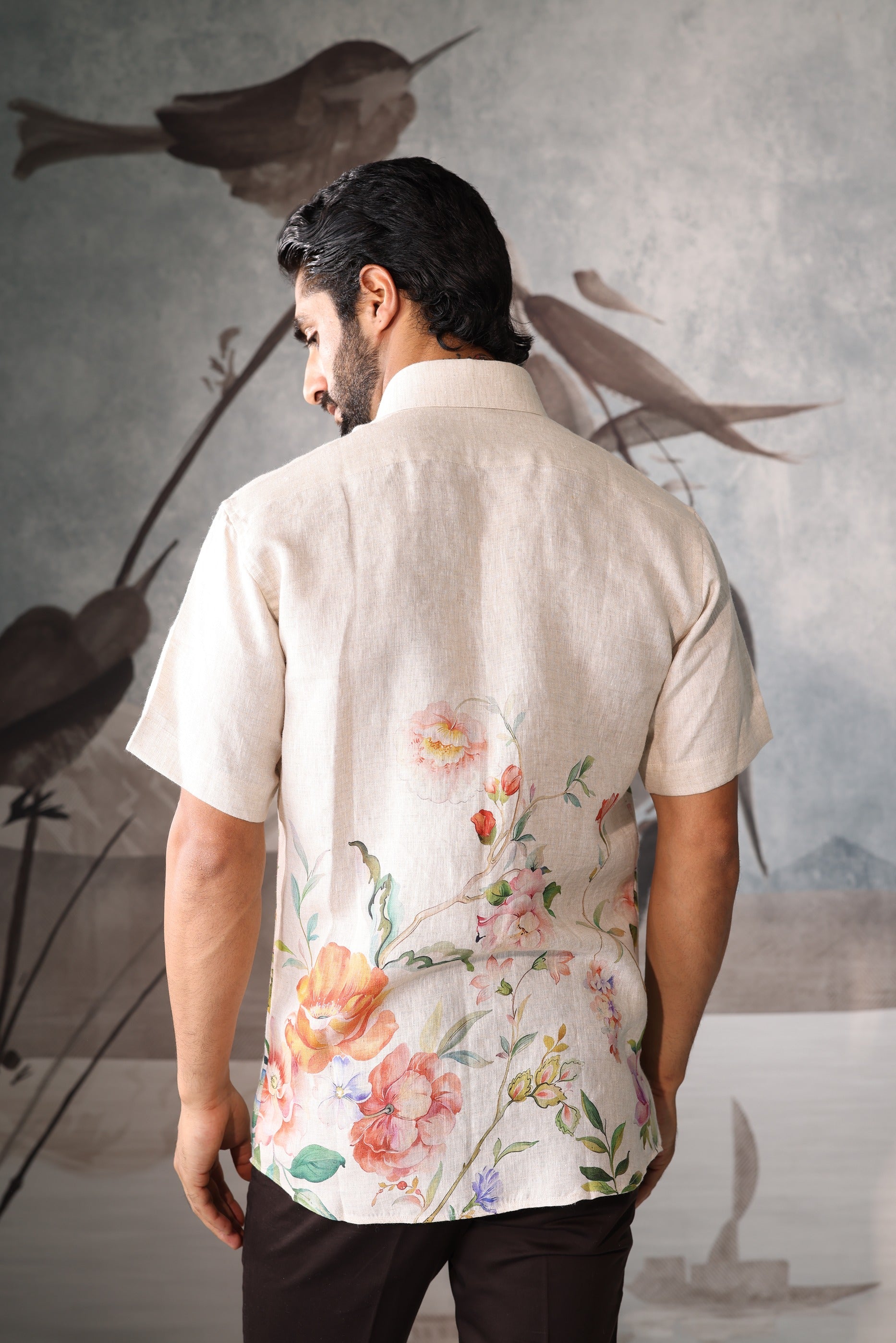 Beige linen half sleeve shirt with all-over floral detailing