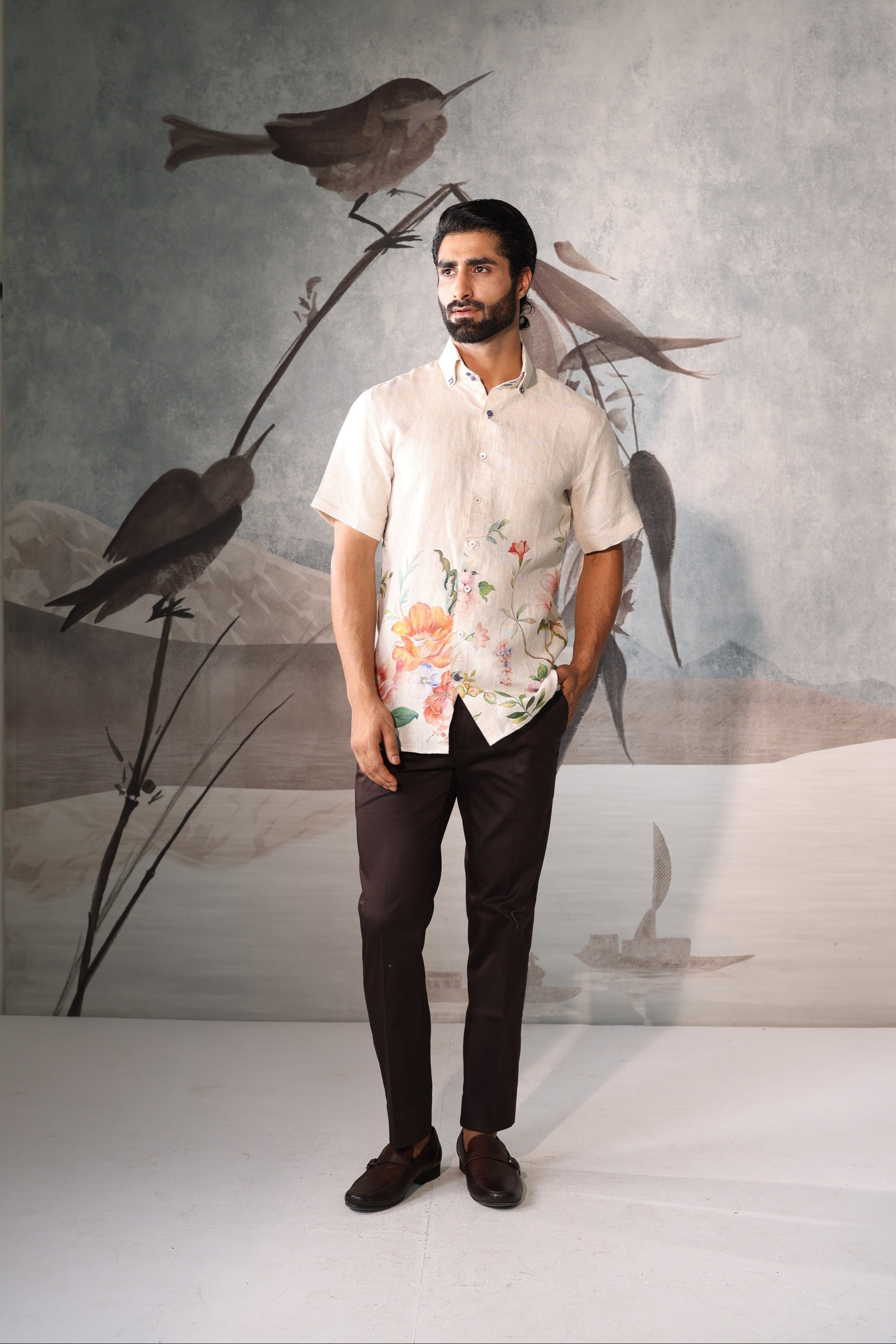 Beige linen half sleeve shirt with all-over floral detailing