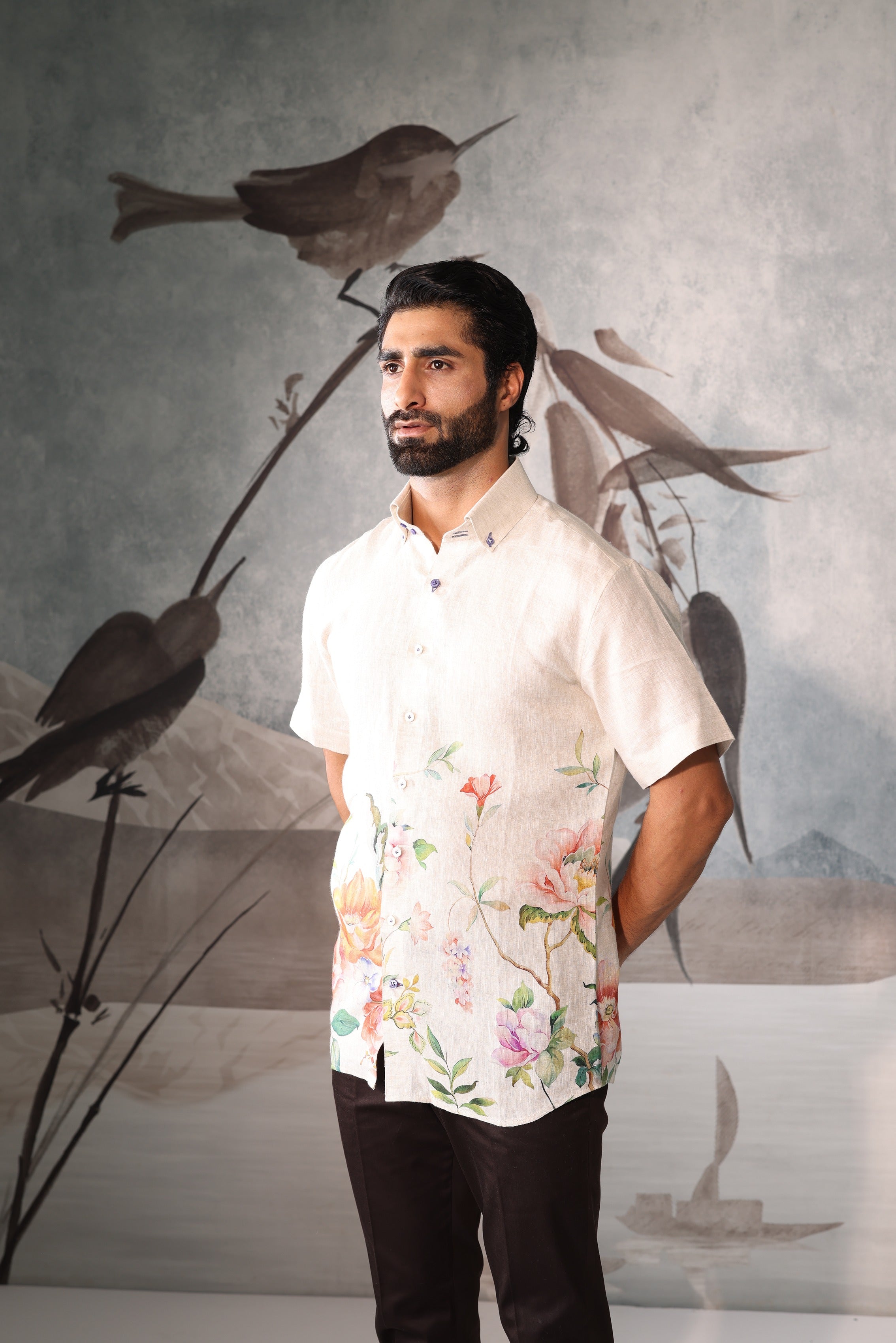 Beige linen half sleeve shirt with all-over floral detailing