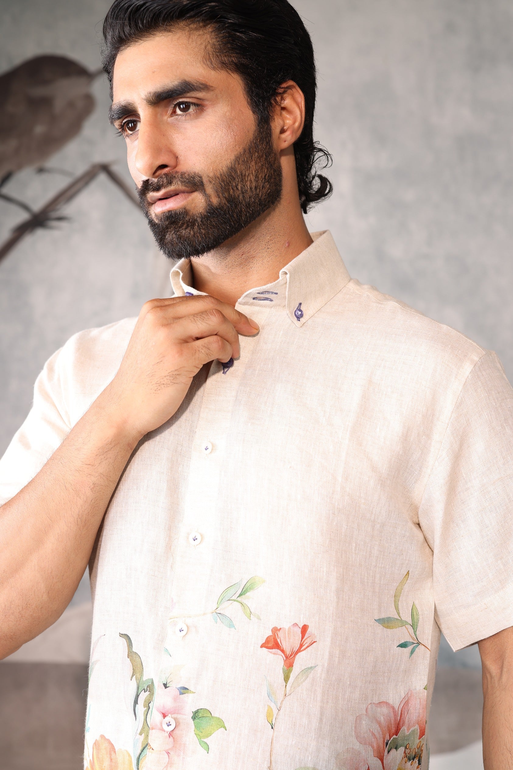 Beige linen half sleeve shirt with all-over floral detailing