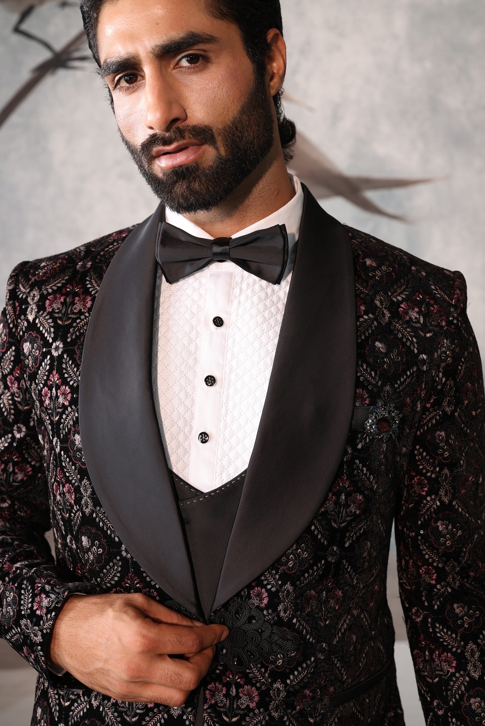 Black Men tuxedo with Floral Design