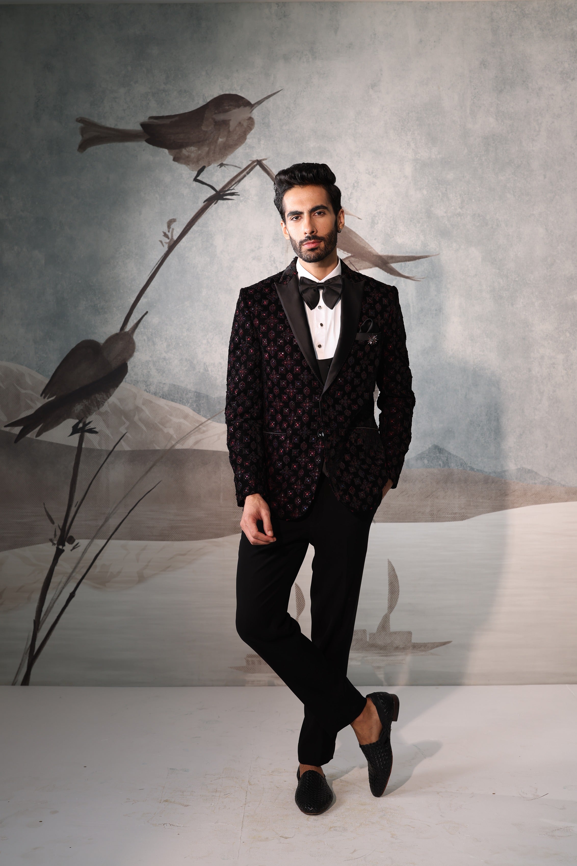 Black mens Tuxedo with purple Applique work