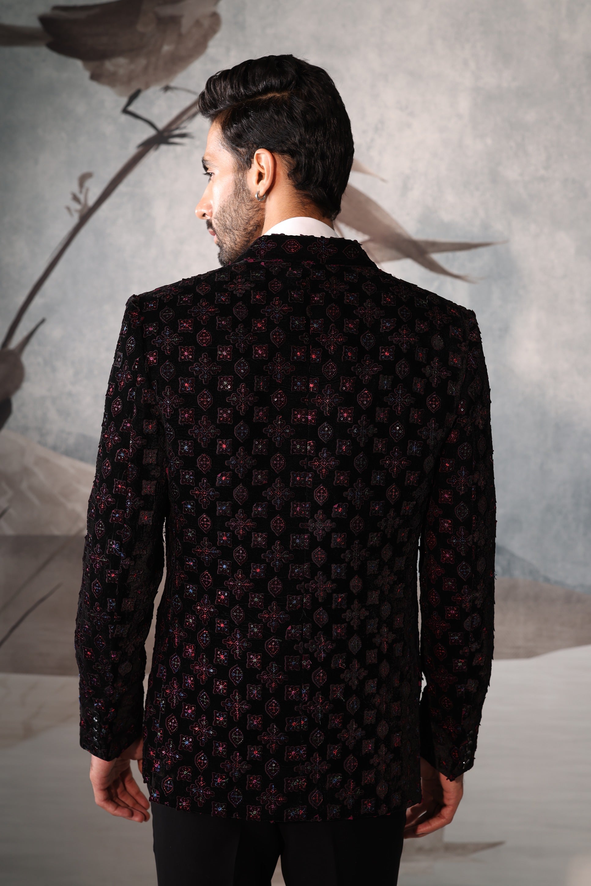 Black mens Tuxedo with purple Applique work