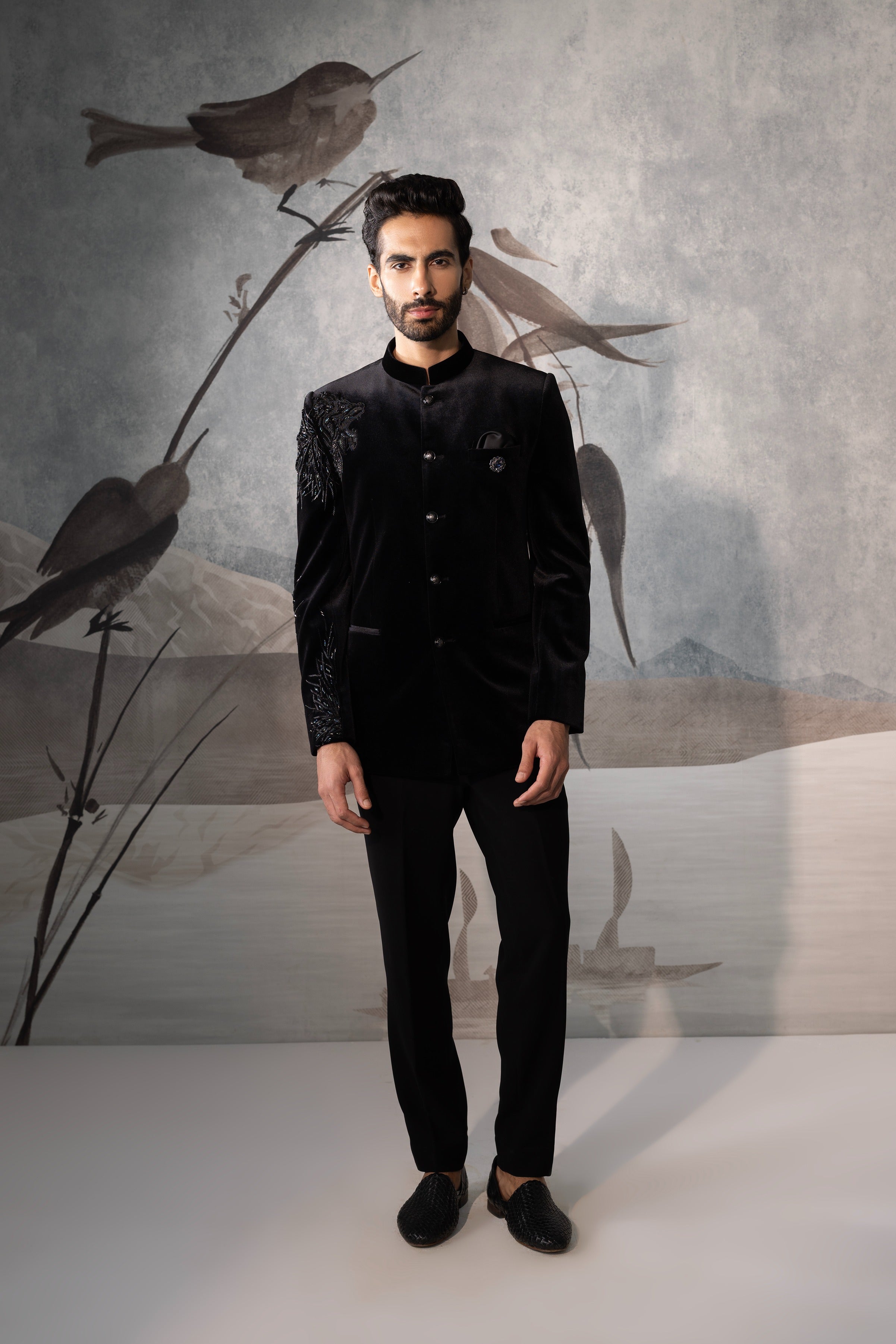 Men's Black Bandhgala With Shoulder Sequined Design