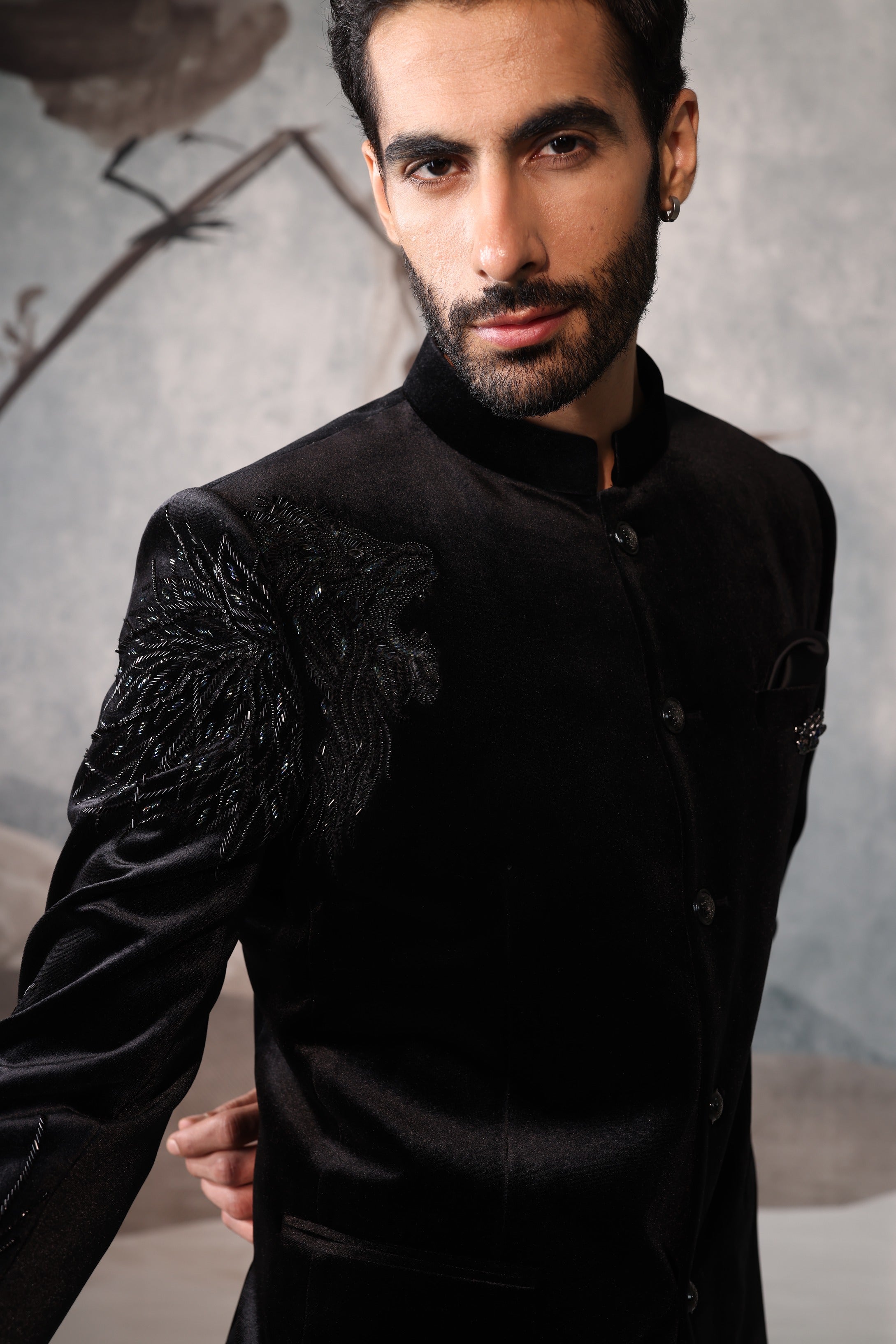 Men's Black Bandhgala With Shoulder Sequined Design