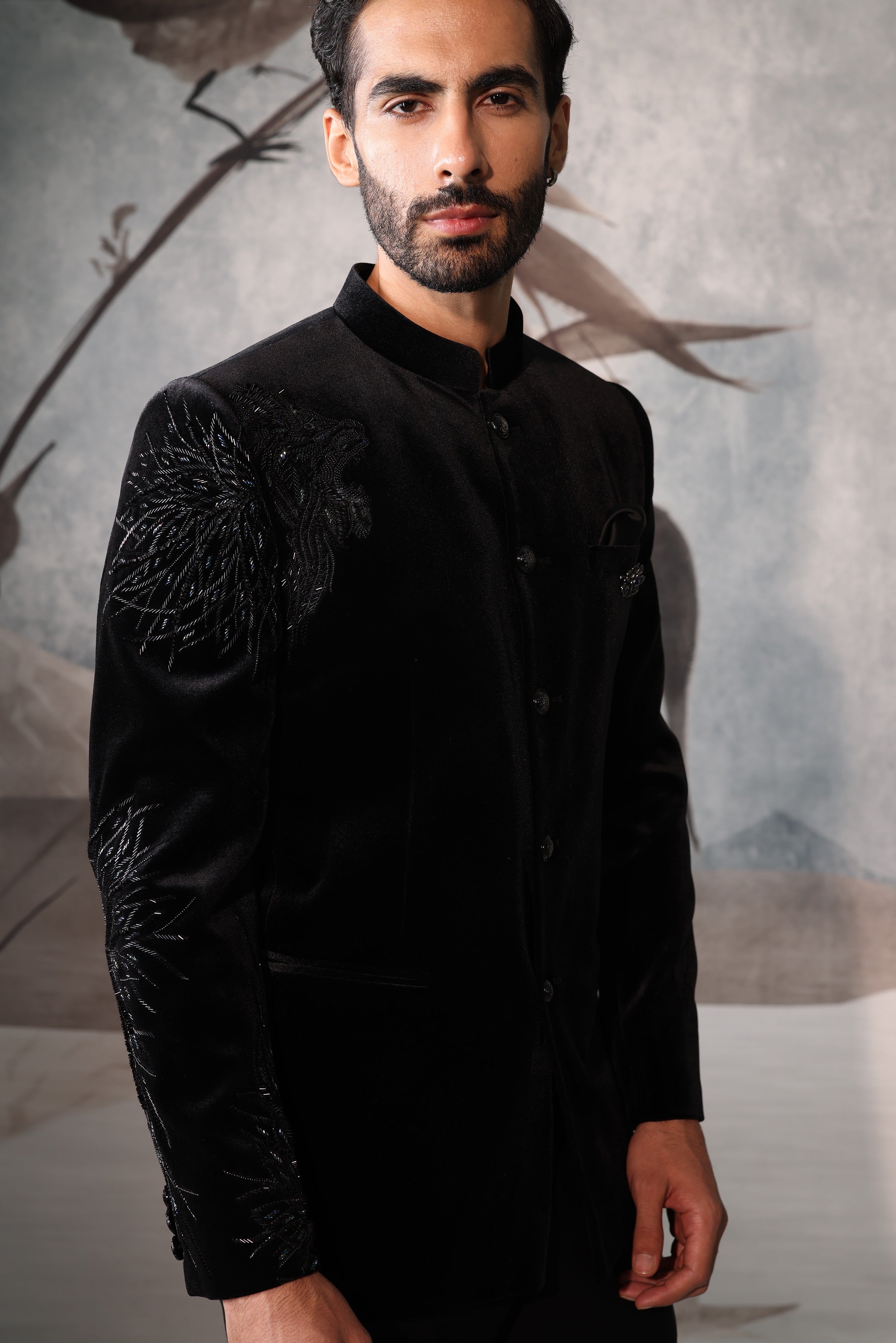 Men's Black Bandhgala With Shoulder Sequined Design