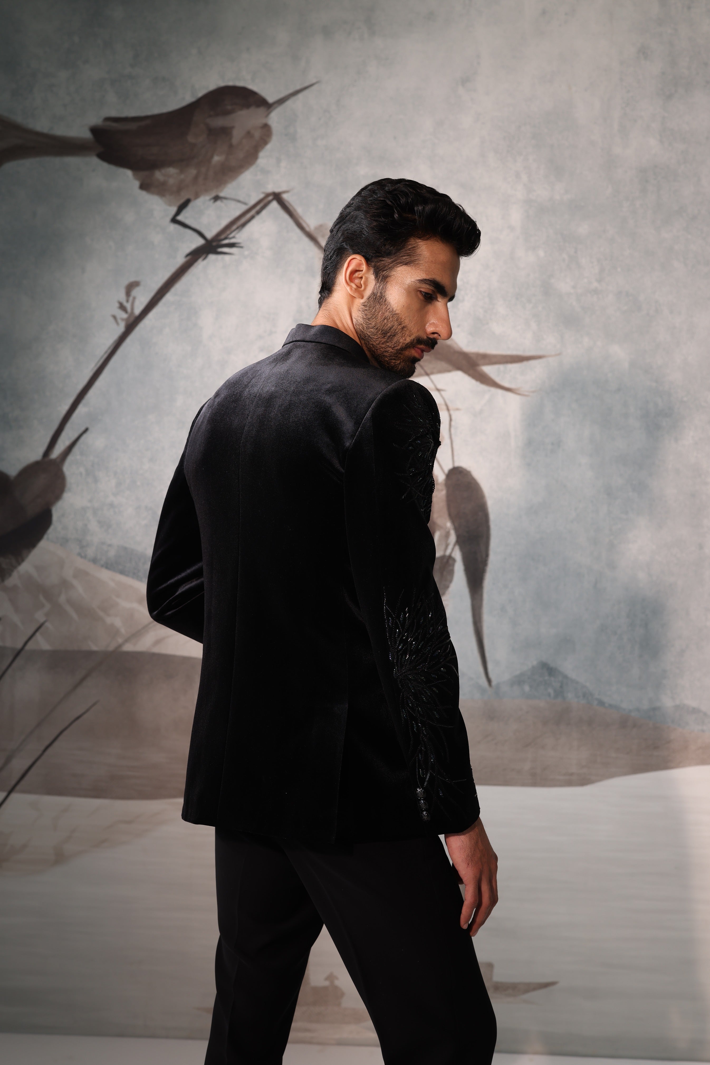 Men's Black Bandhgala With Shoulder Sequined Design