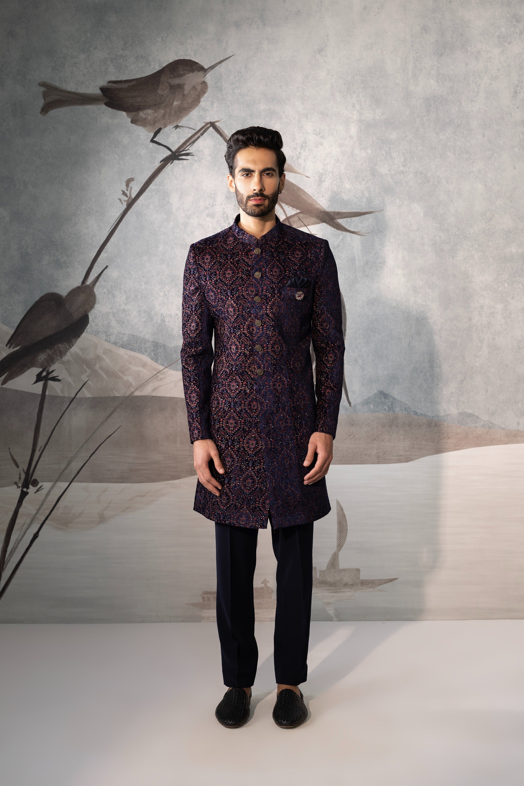 Blue multi colour thread embroidery Indo-Western