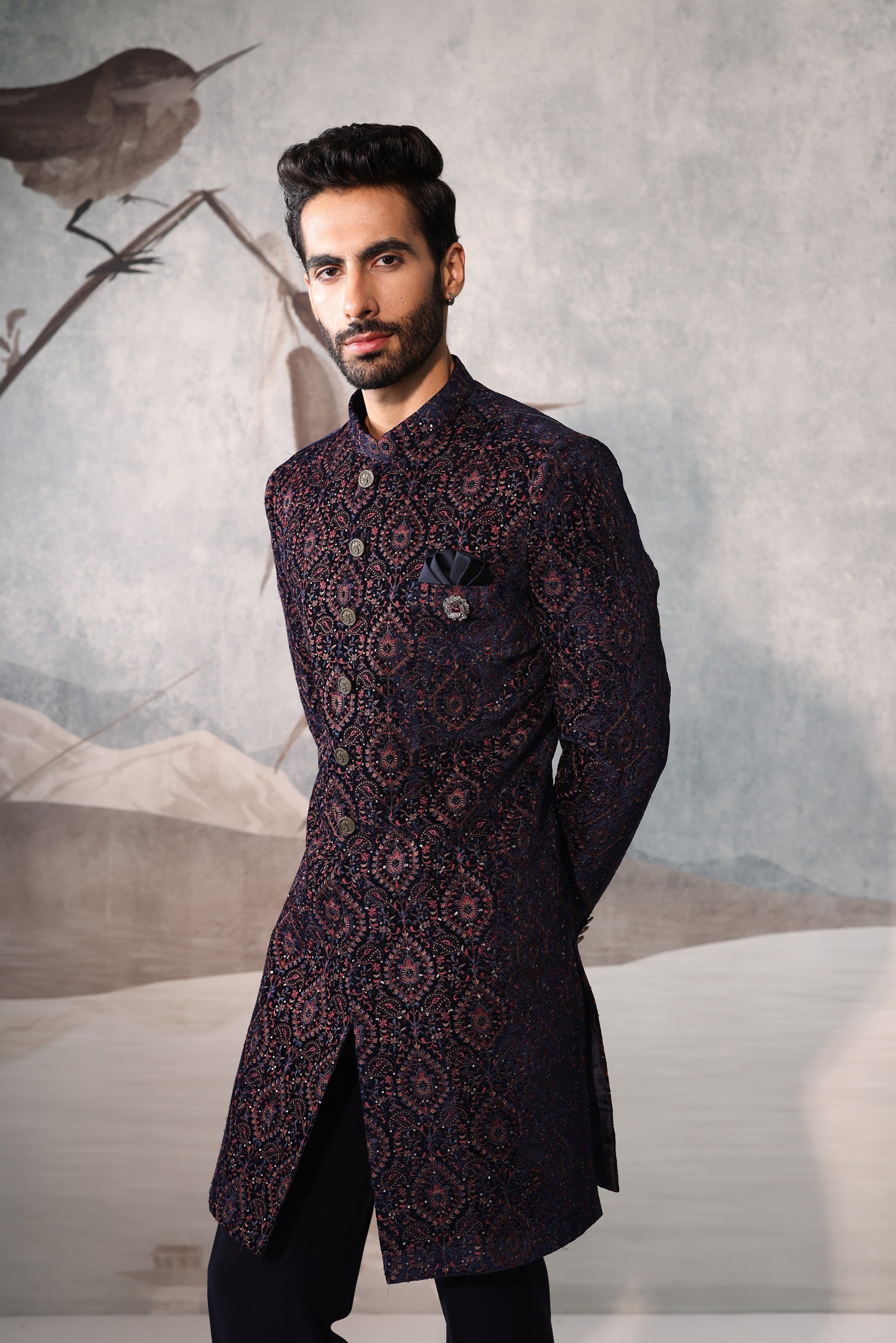 Blue multi colour thread embroidery Indo-Western