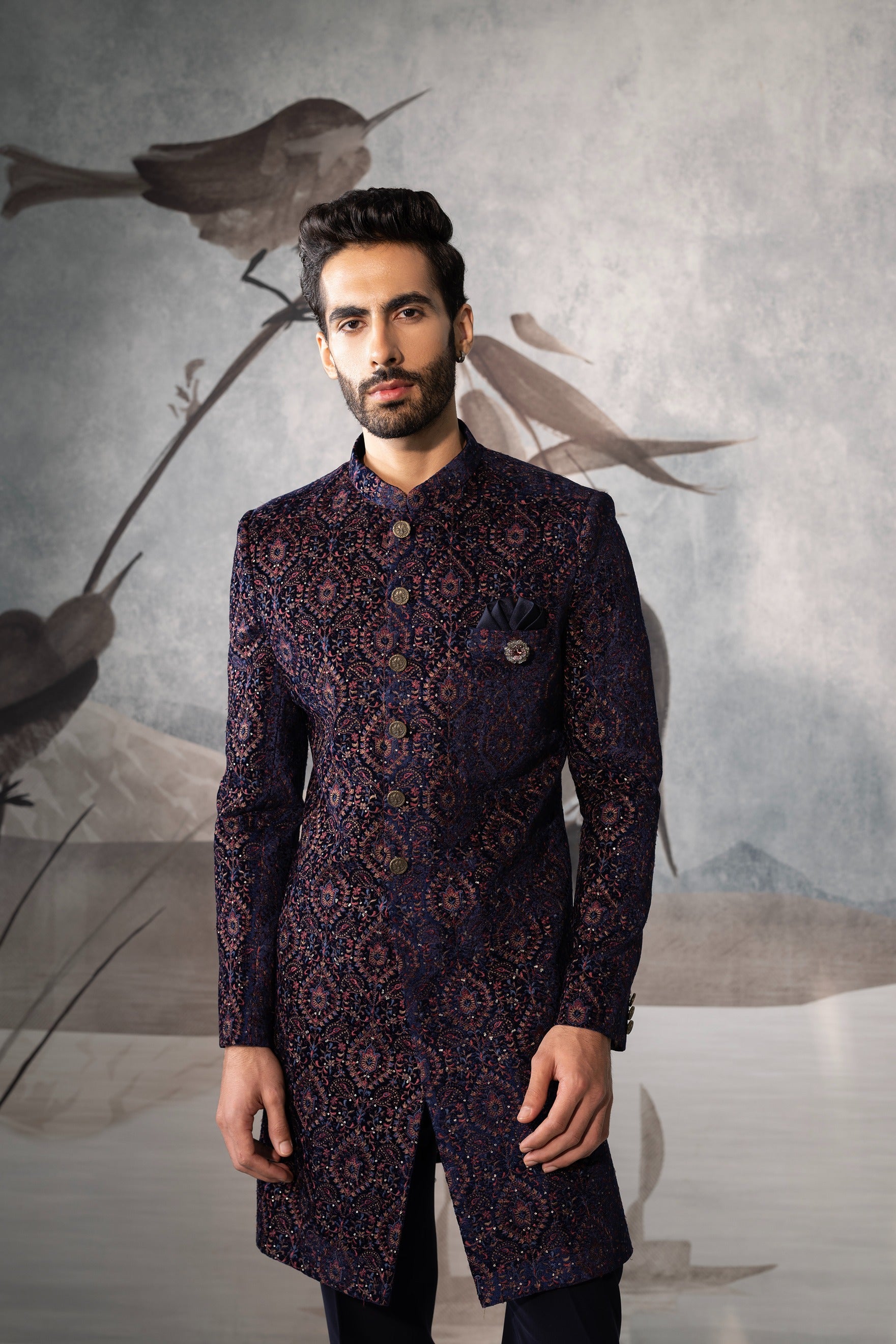 Blue multi colour thread embroidery Indo-Western