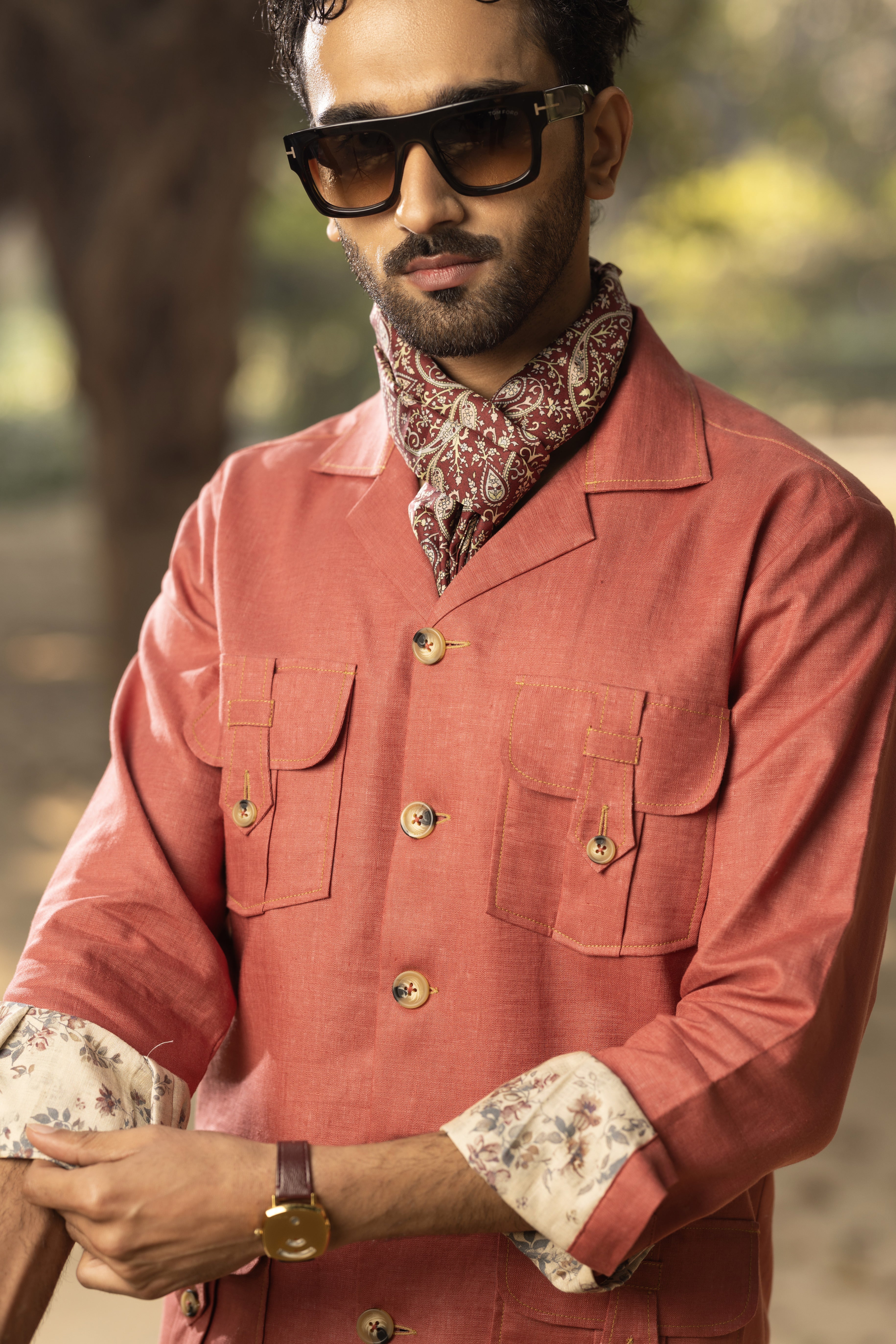 Red Linen Safari Shirt