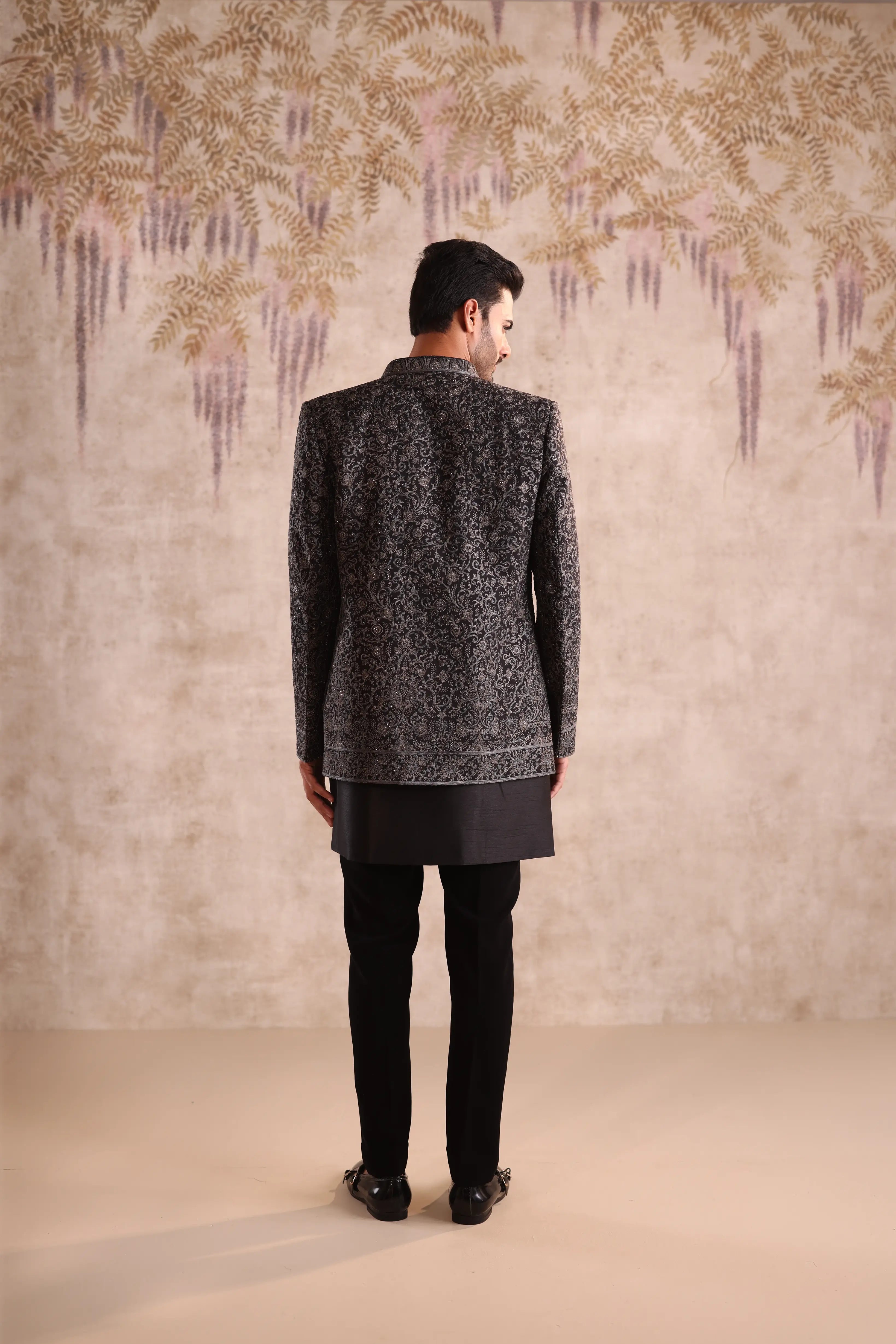 Black Jacquard Indo Western for Men