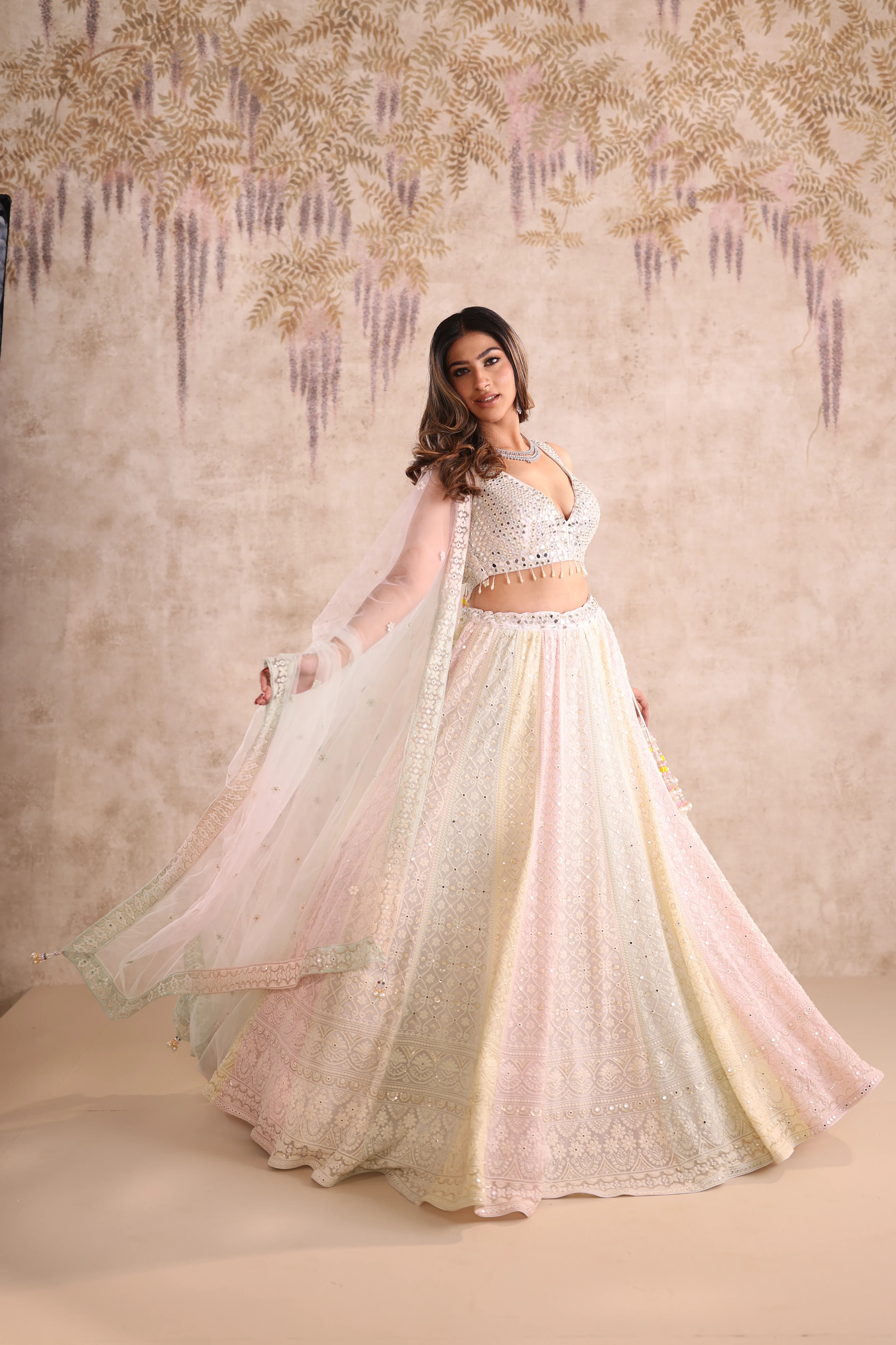 Cream Mirror Work party wear Lehenga