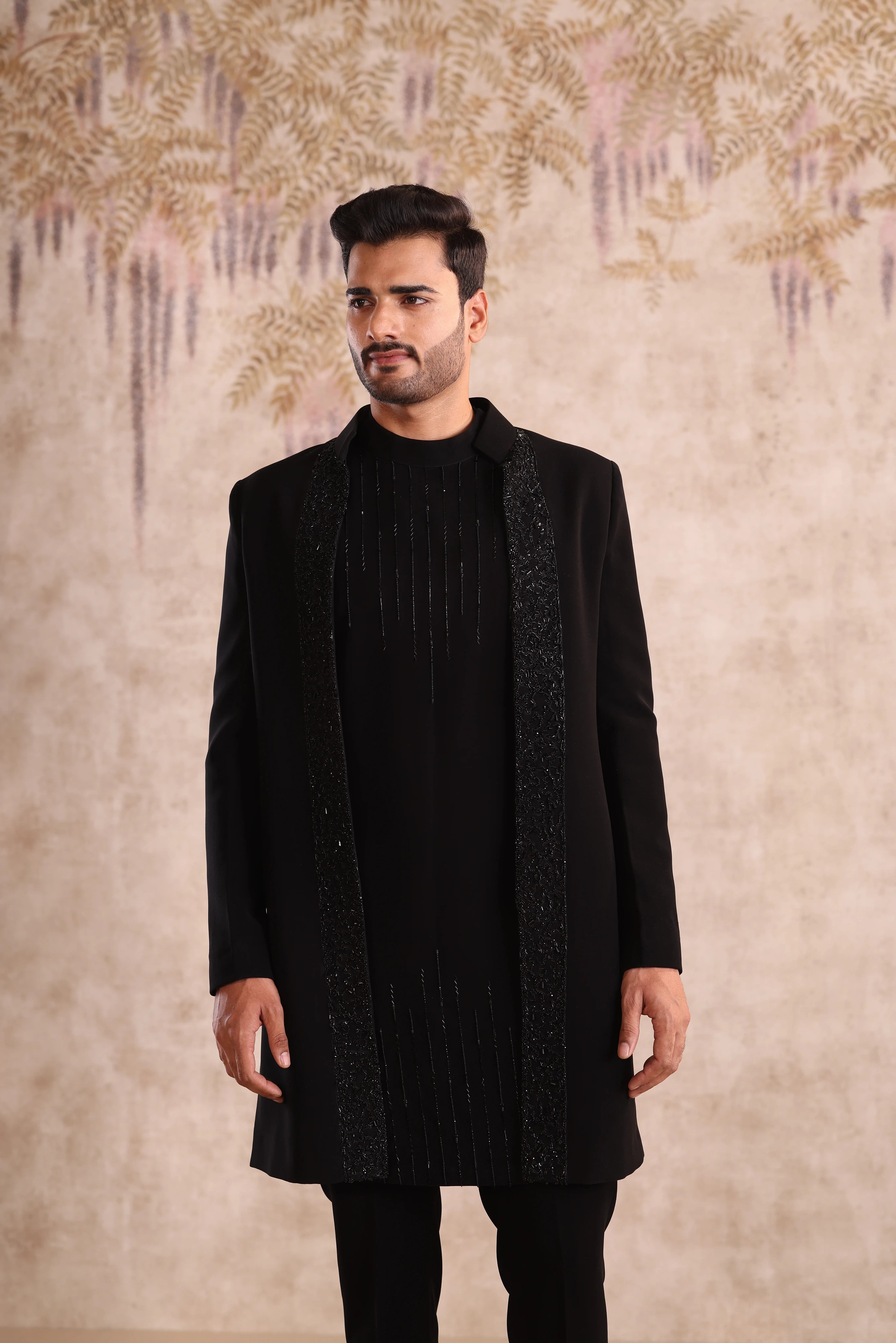 machine embroidered open jacket indo with kurta detailing with button
