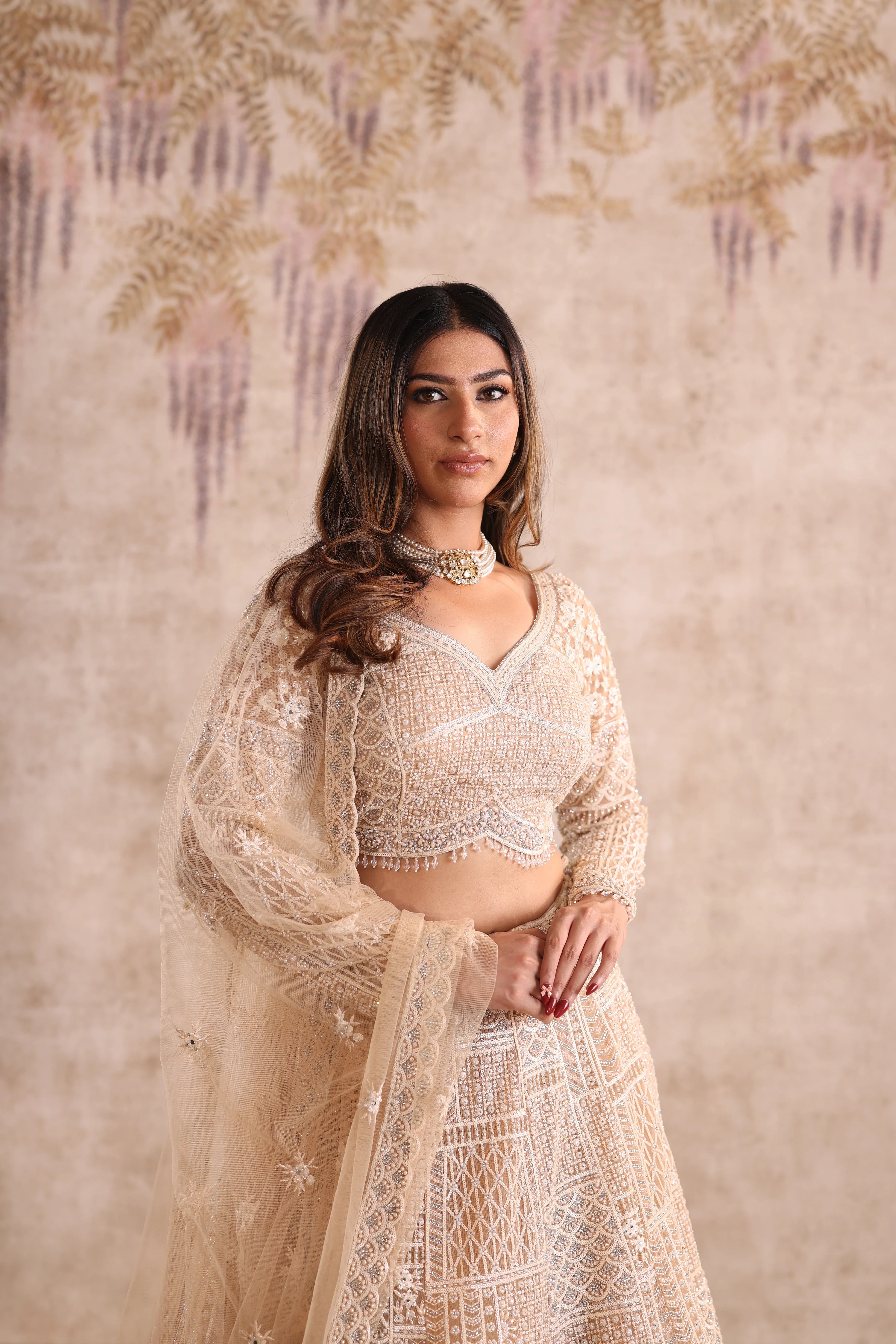 Cream Embroidered party wear Lehenga