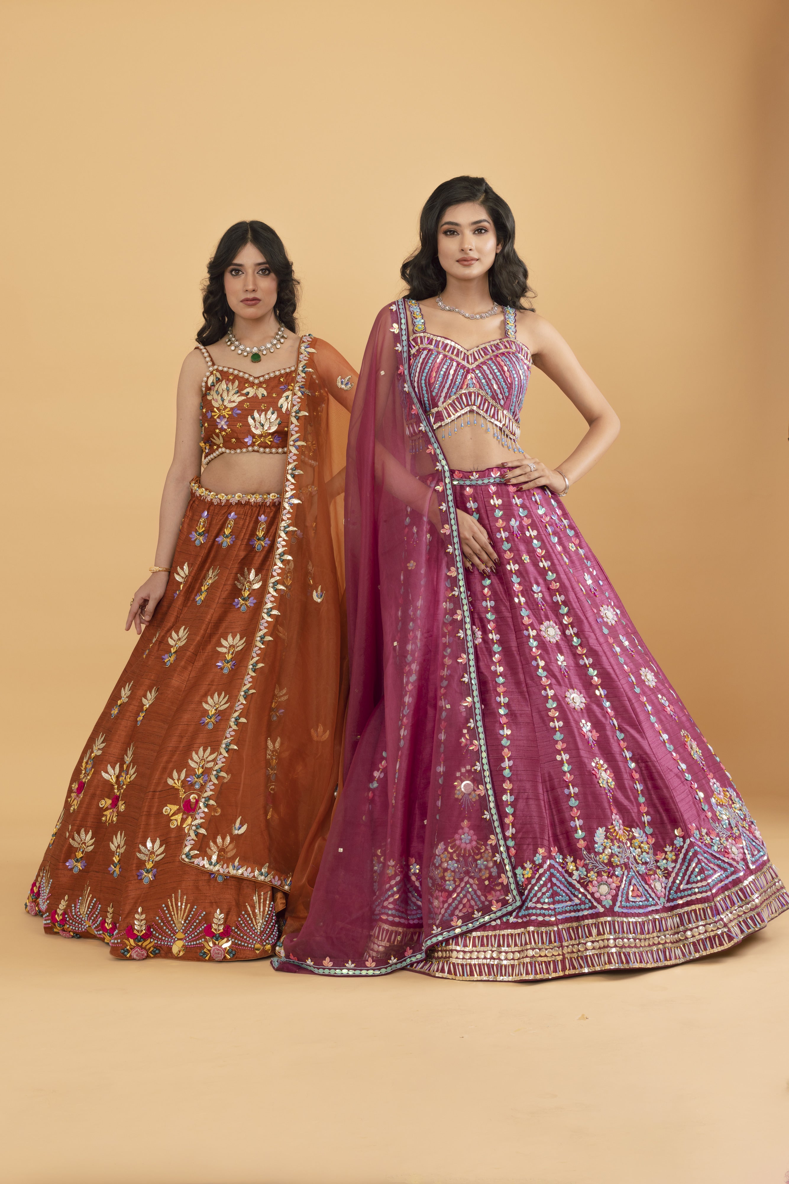 Rust Silk lehenga with multicolour sequins