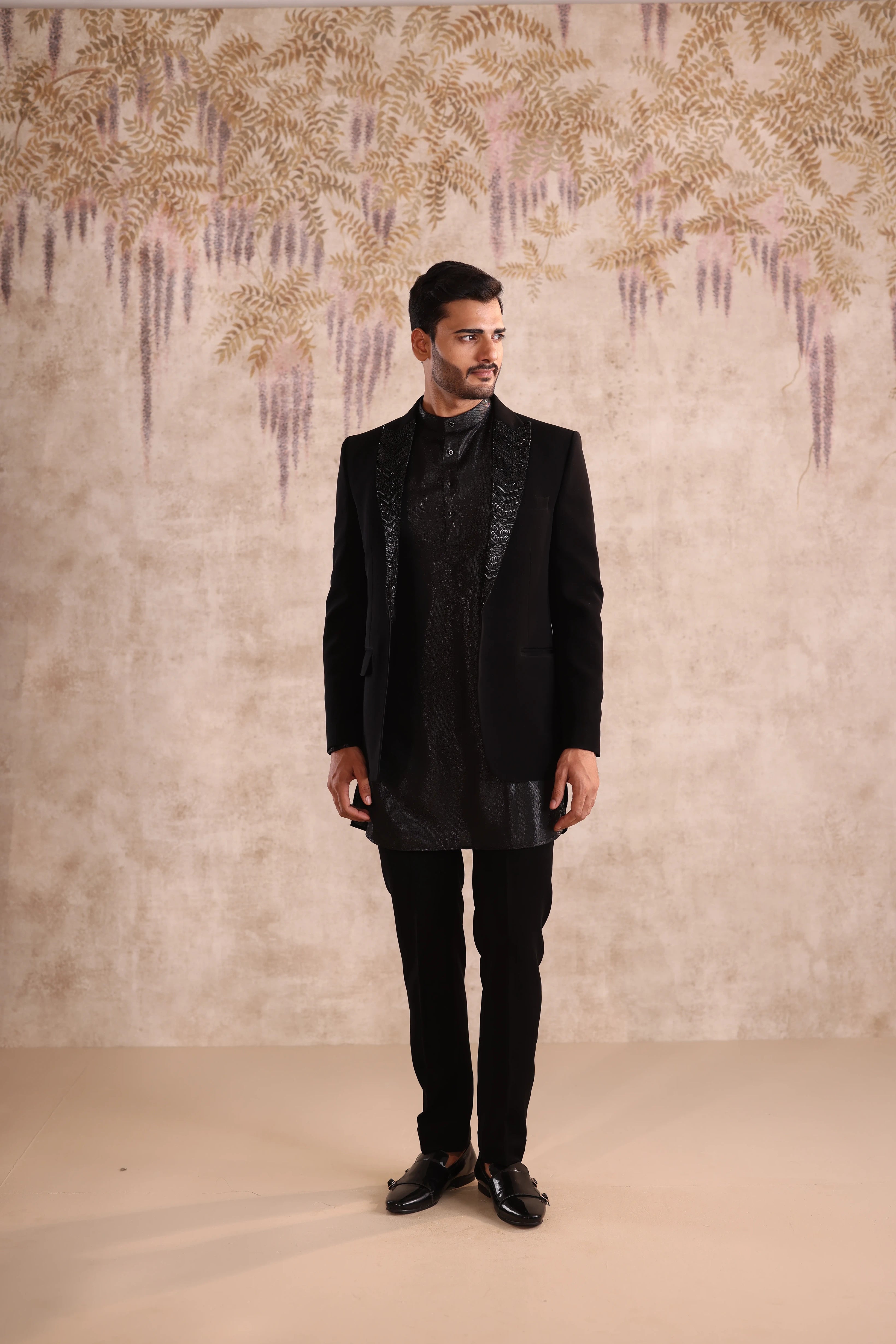 Peak embroidered lapel black indo- western with shimmering kurta