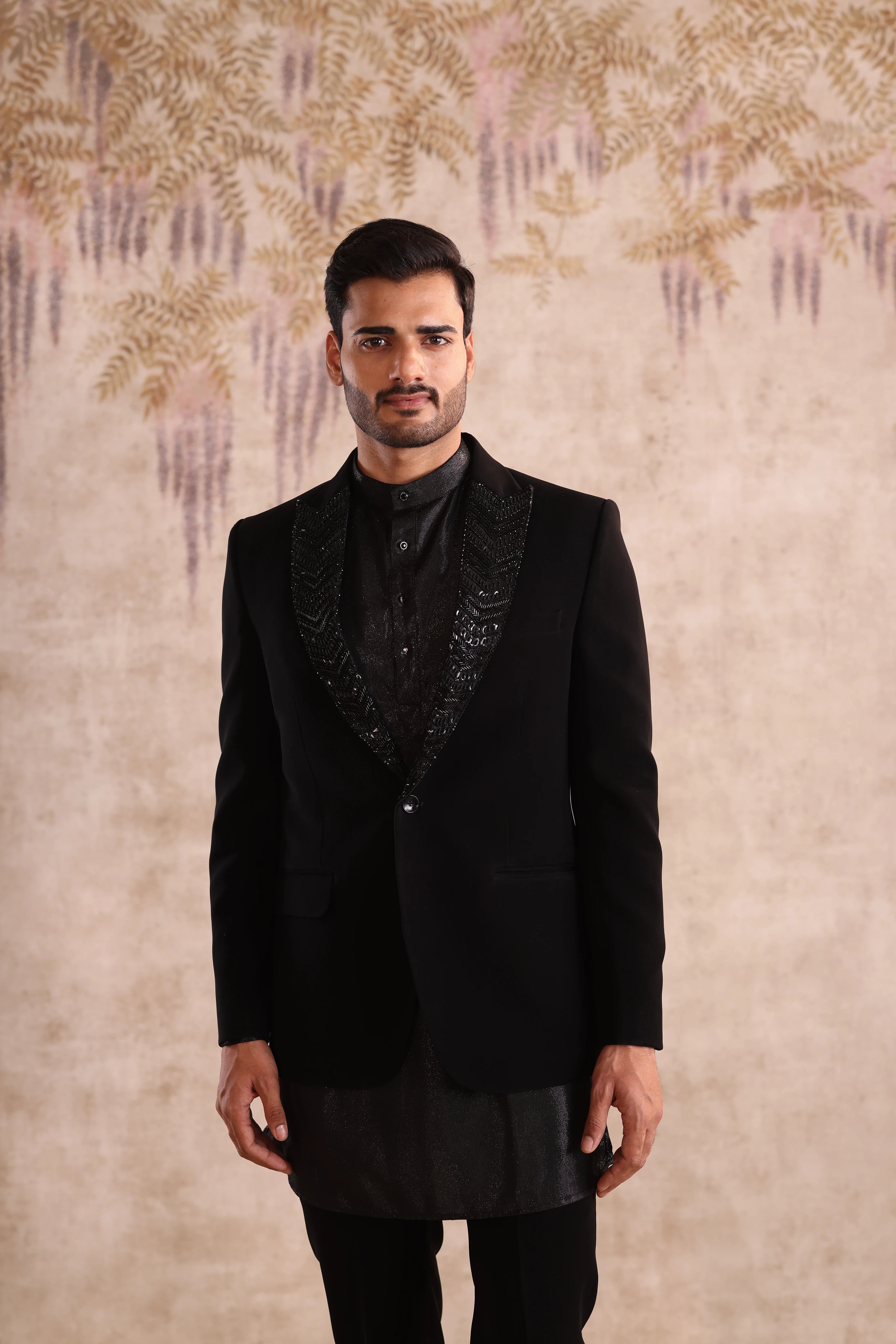 Peak embroidered lapel black indo- western with shimmering kurta