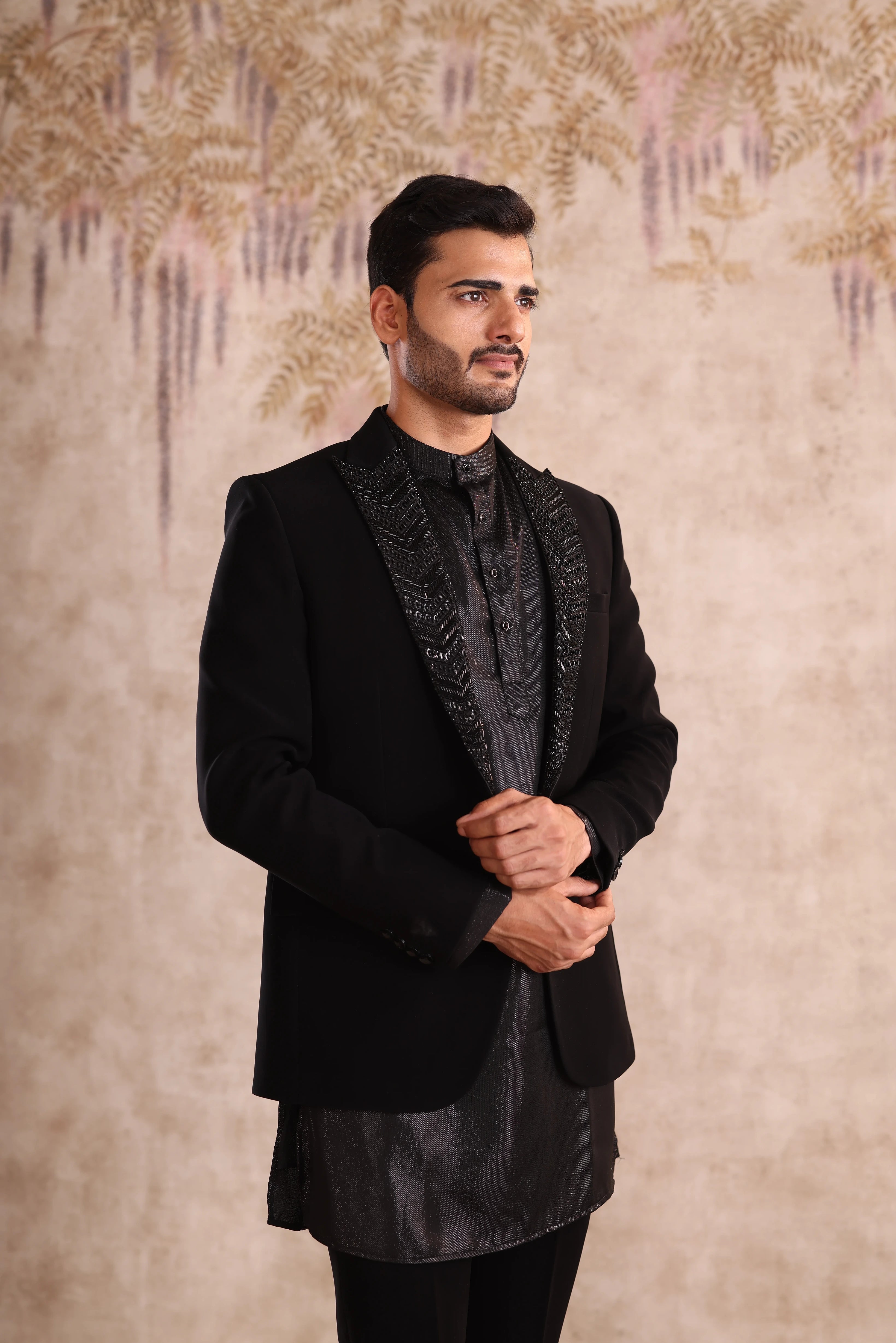 Peak embroidered lapel black indo- western with shimmering kurta
