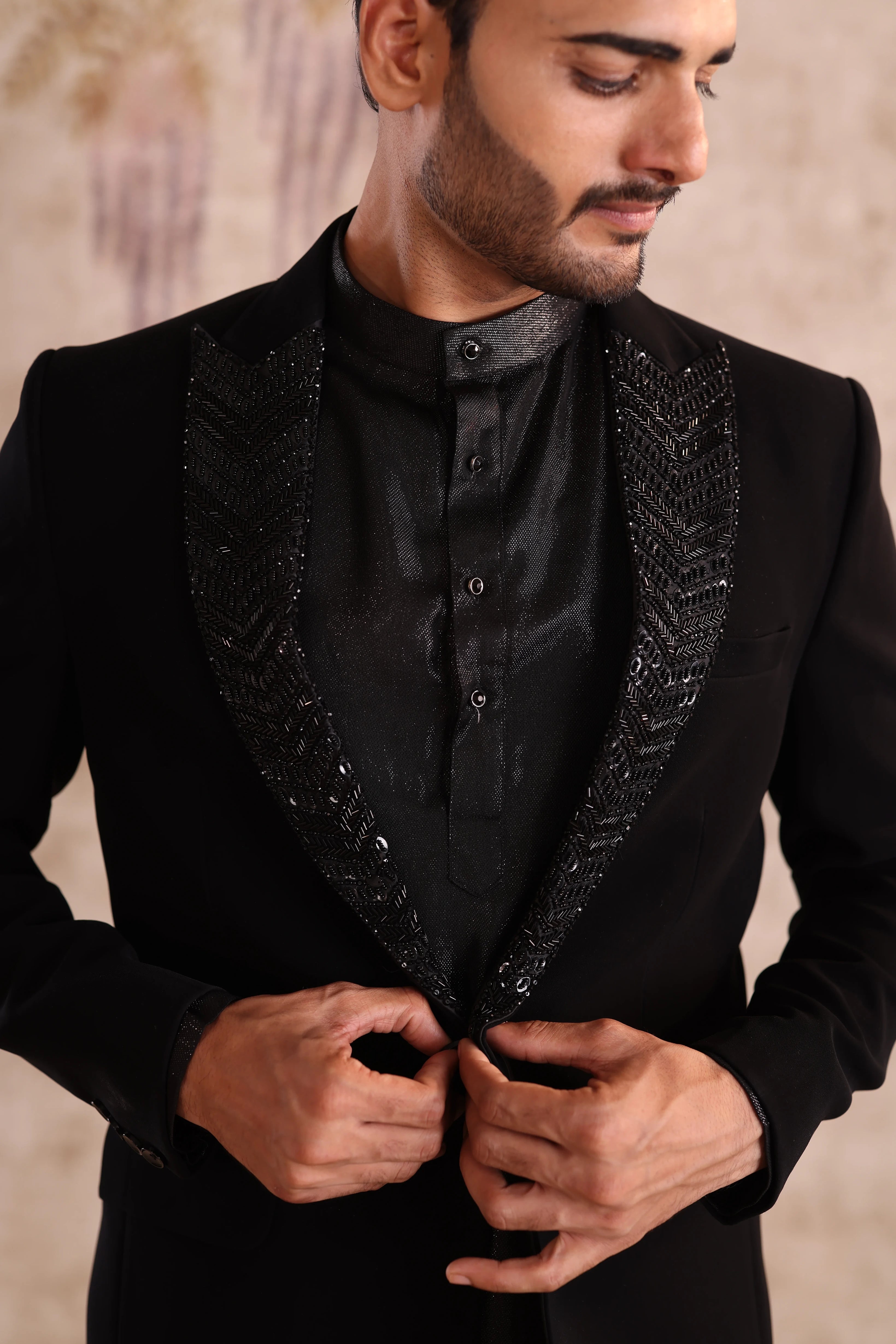 Peak embroidered lapel black indo- western with shimmering kurta