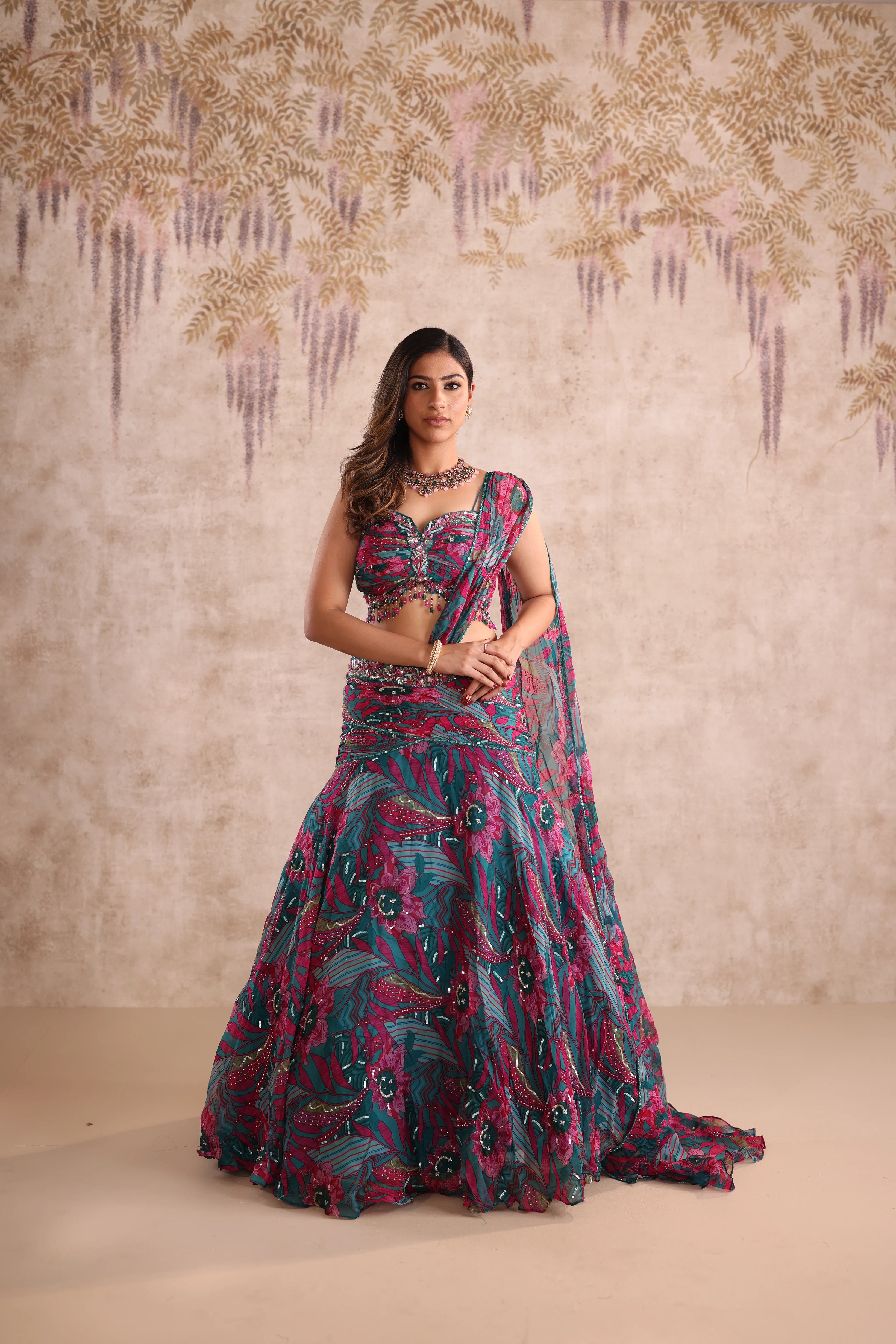 Green Multi-Color Embroidered Lehenga