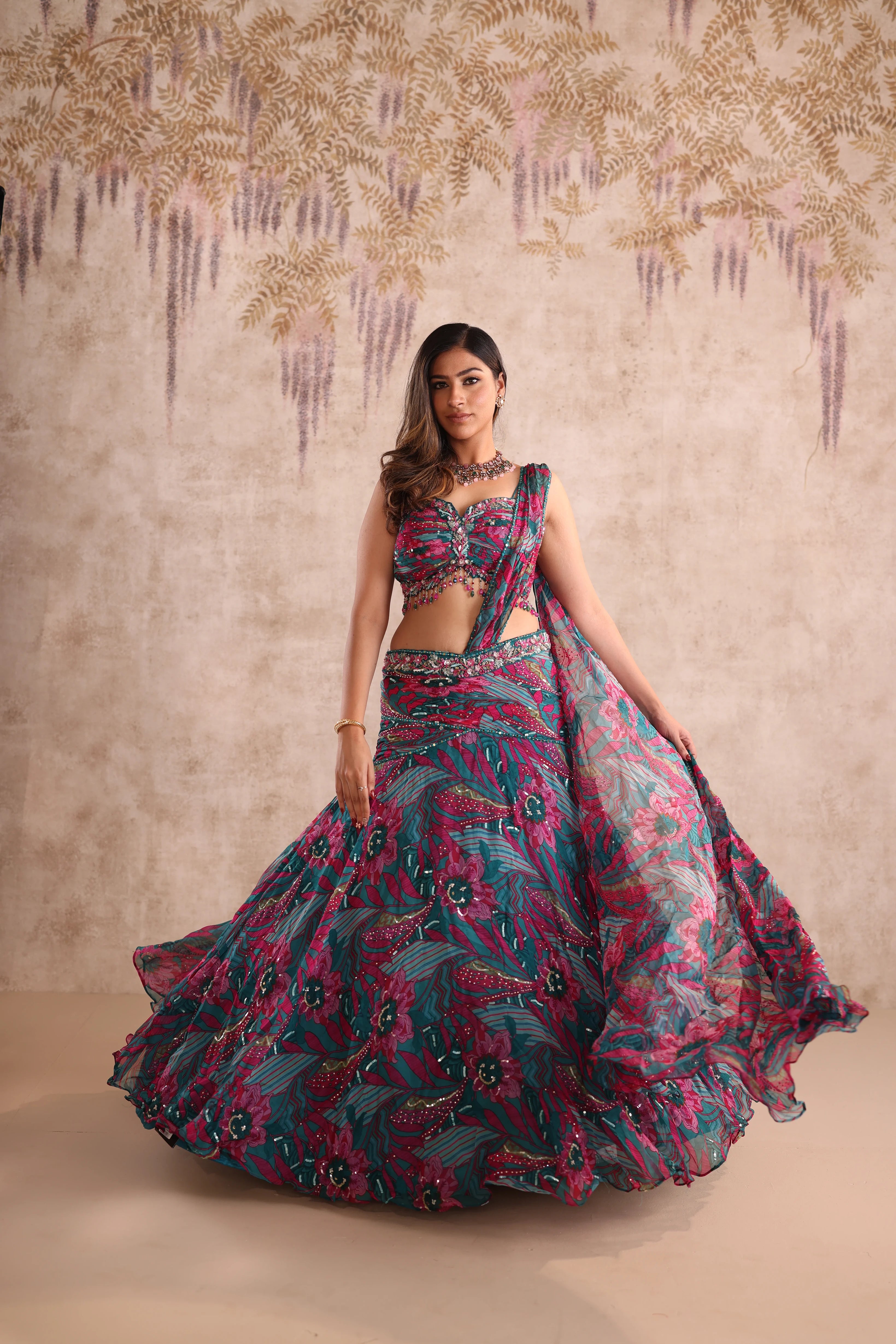 Green Multi-Color Embroidered Lehenga