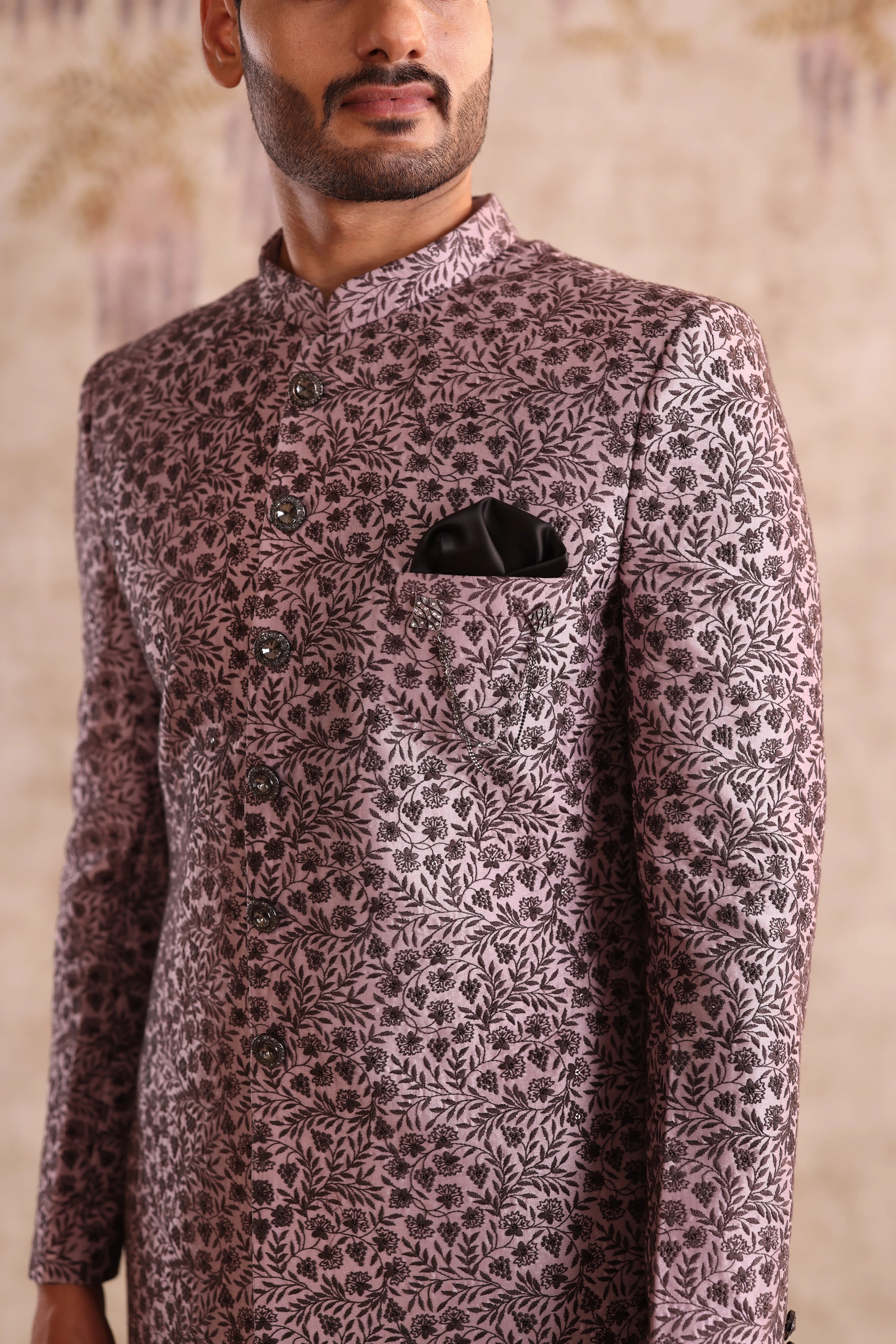 Lavender embroidered indo western and detailing with button