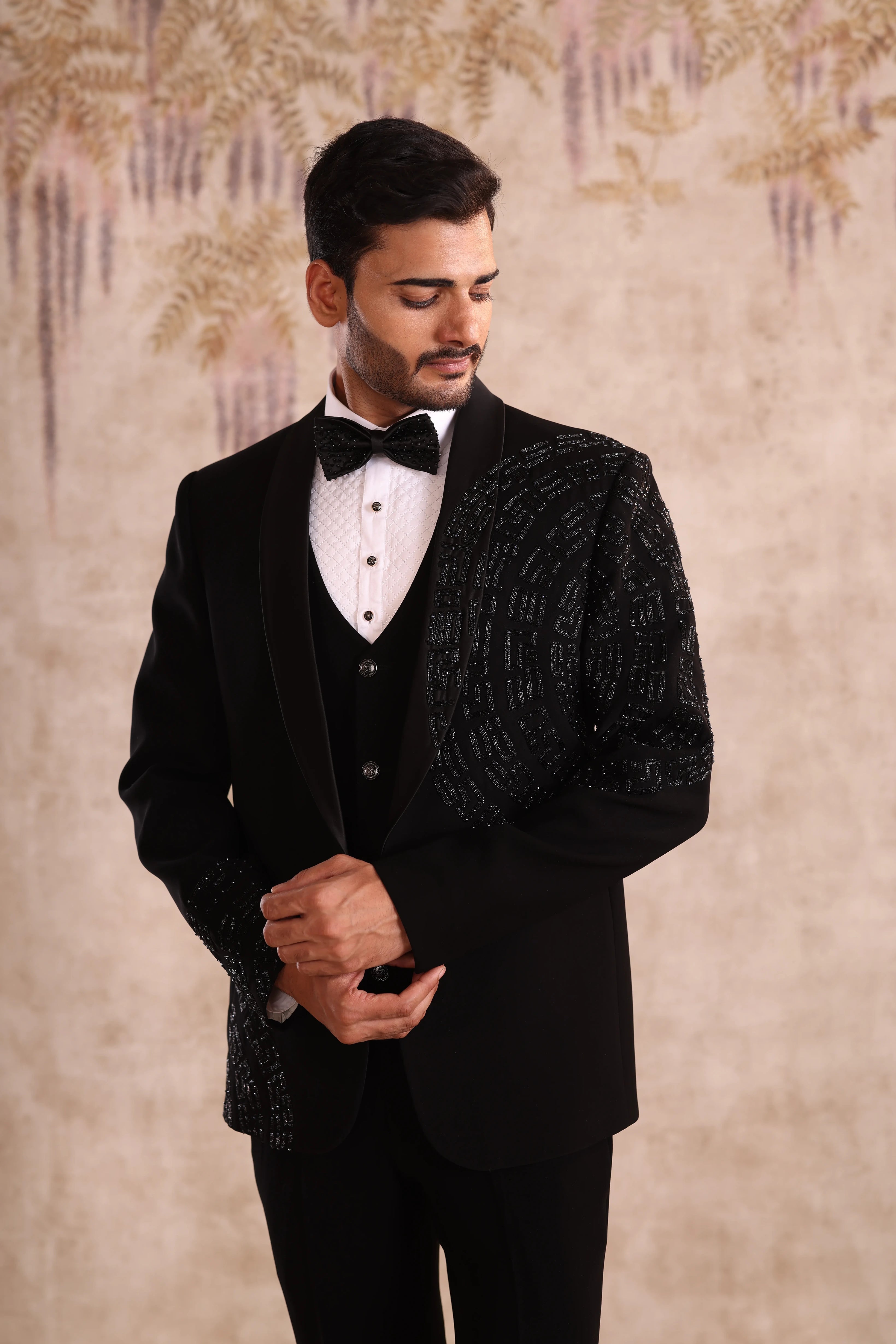 Black shawl lapel tuxedo with embroidery work