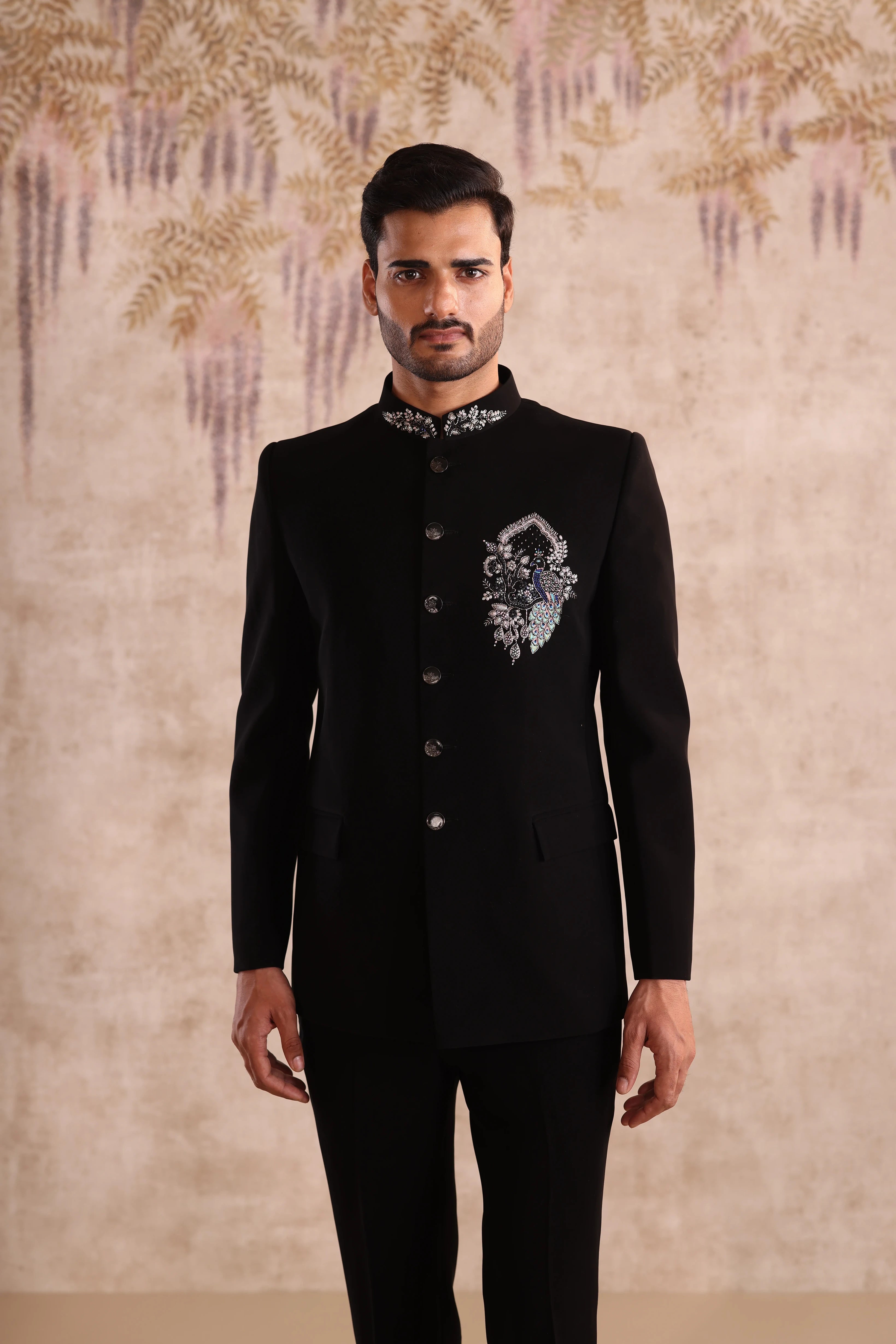 Black bandhgala with chest motif and collar embroidery