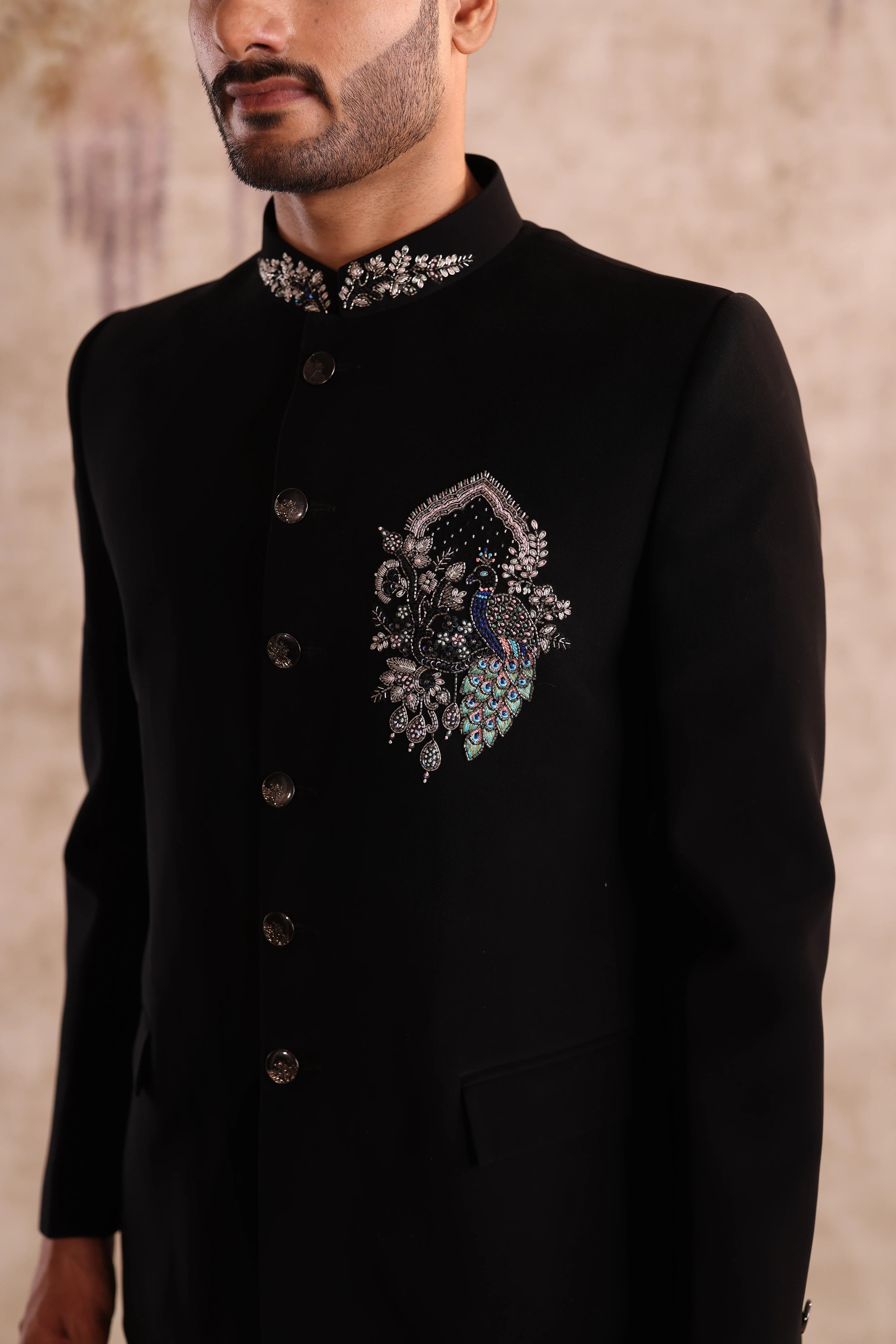 Black bandhgala with chest motif and collar embroidery
