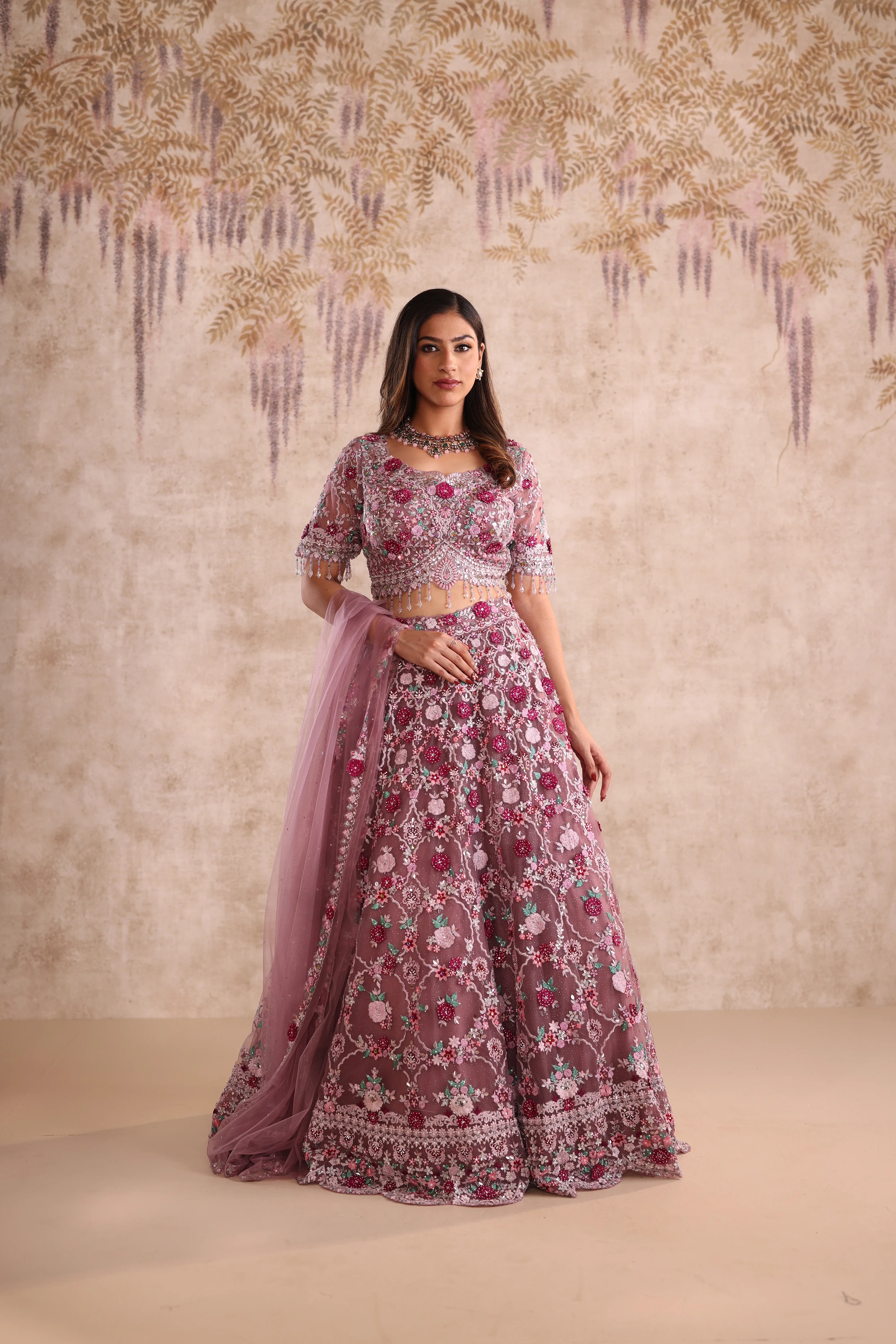 Rose Pink Embroidered Party Wear Lehenga