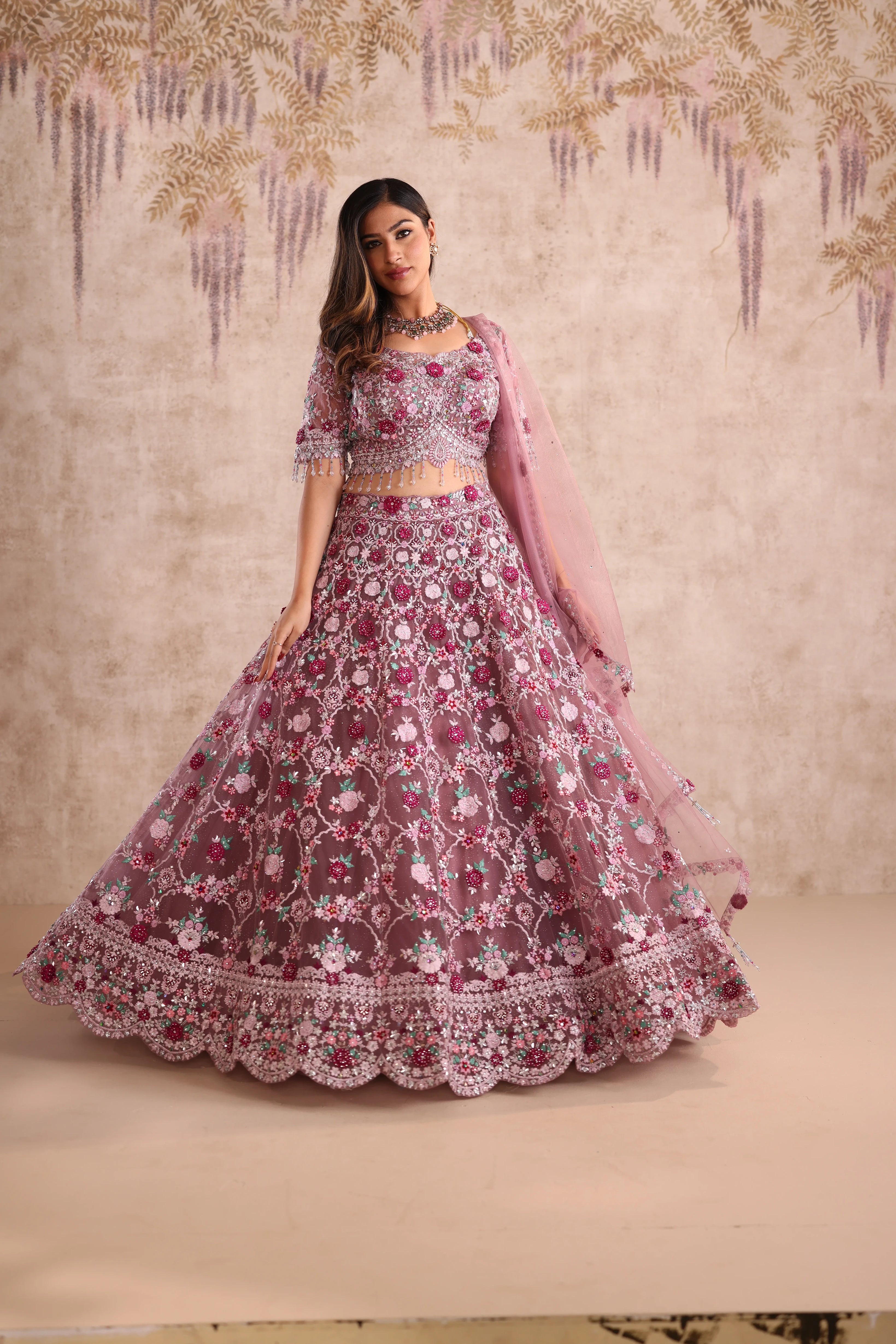 Rose Pink Embroidered Party Wear Lehenga