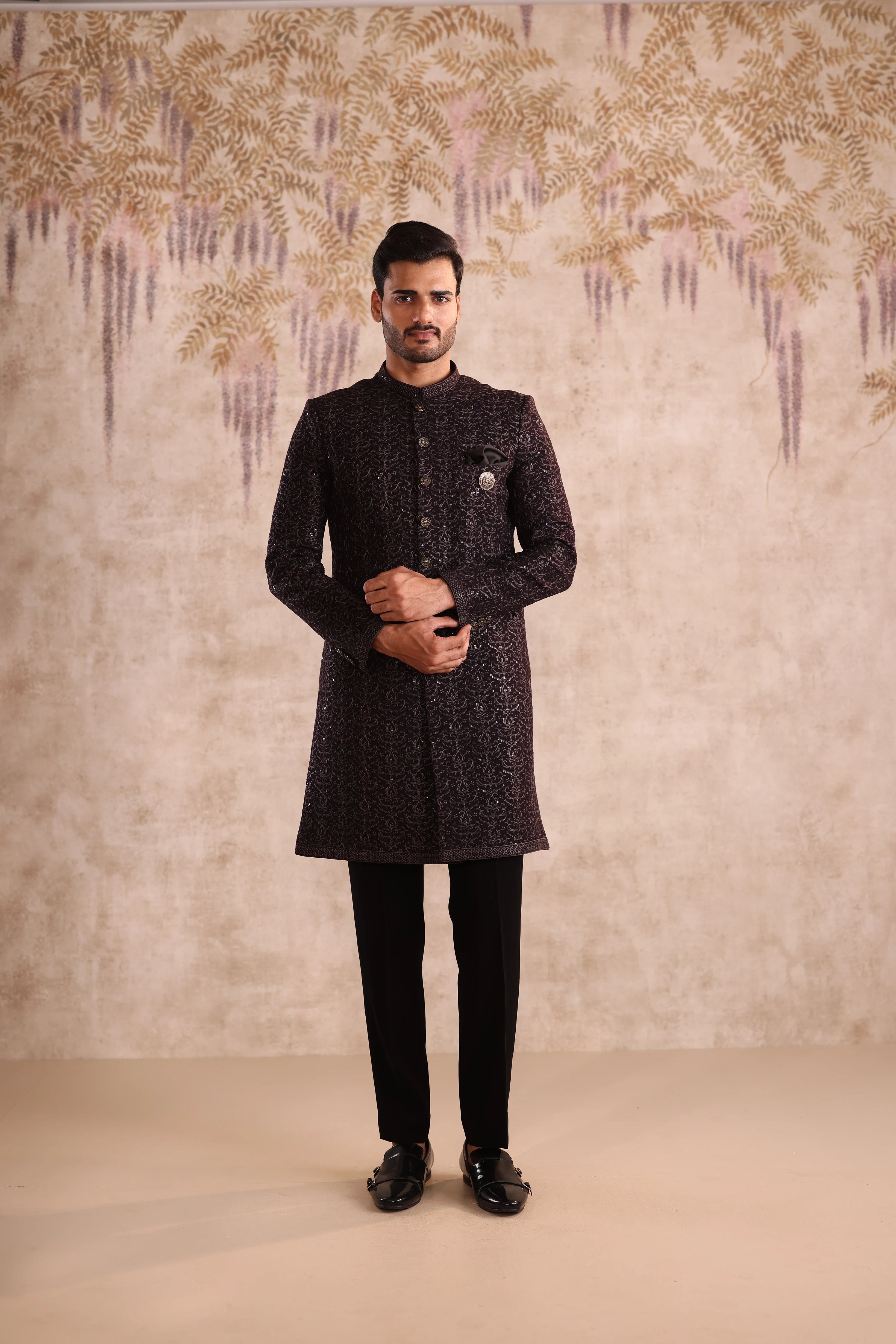 Deep Purple embroidered indo western with button detailing