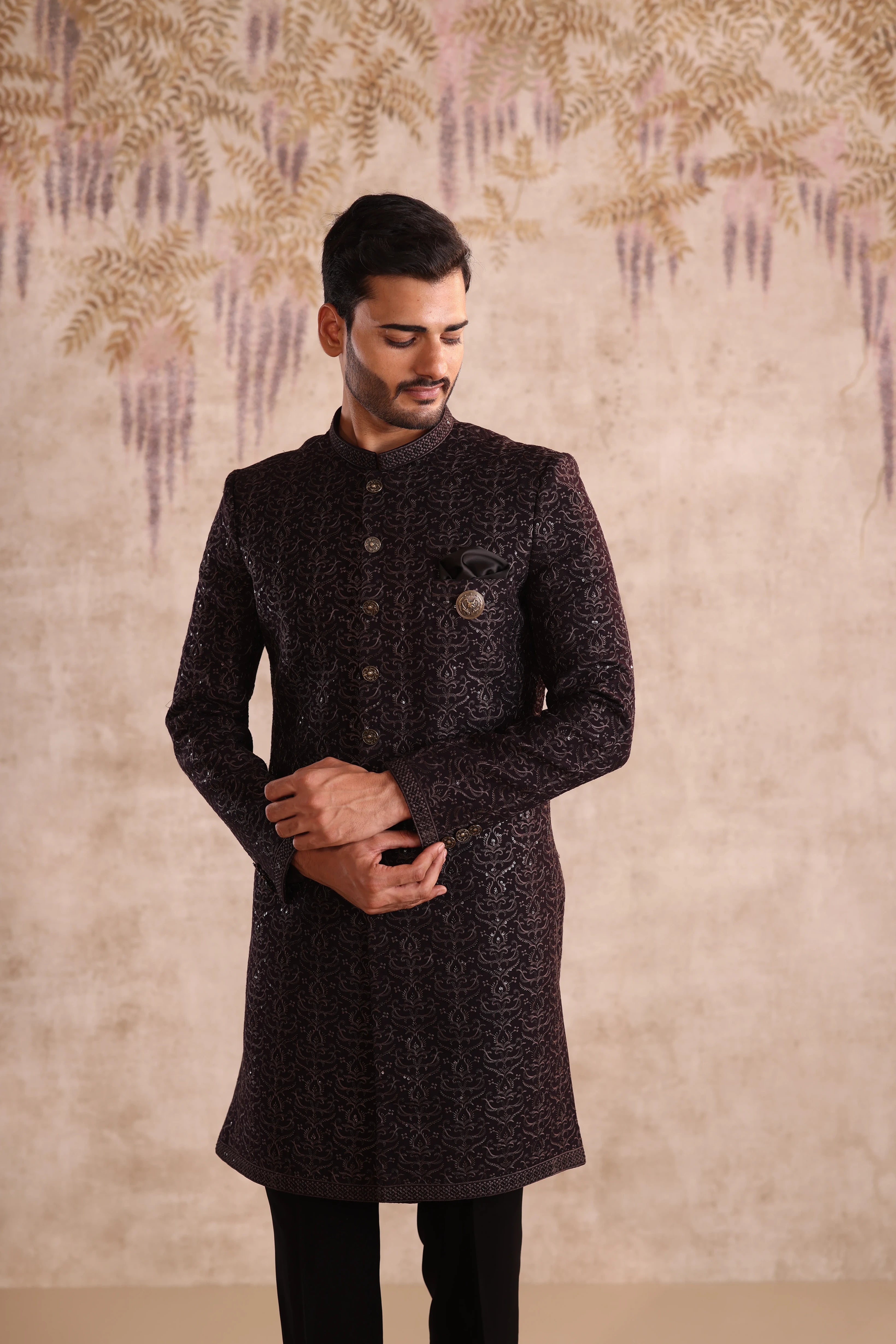Deep Purple embroidered indo western with button detailing