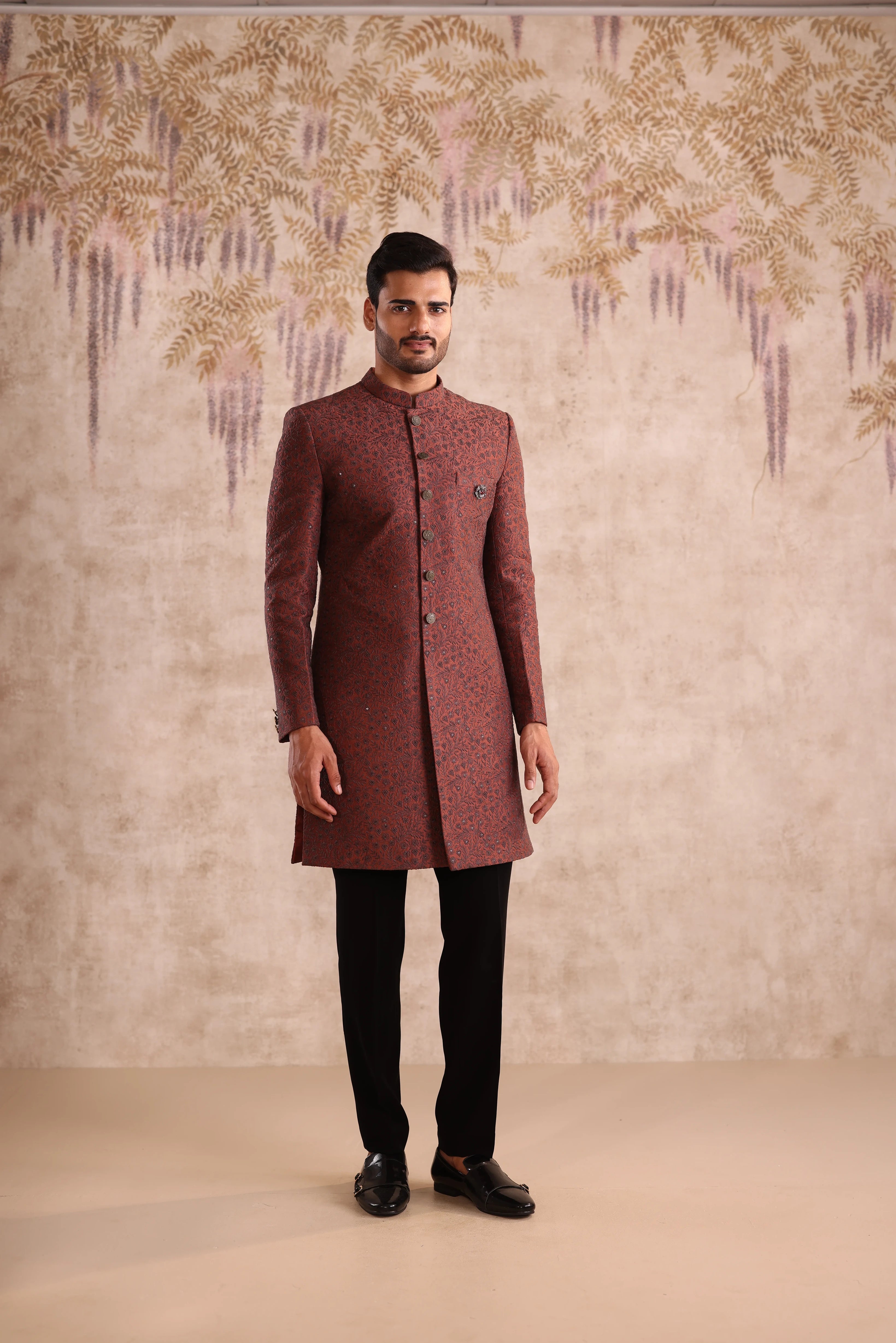 Rust embroidered indo western detailing with button