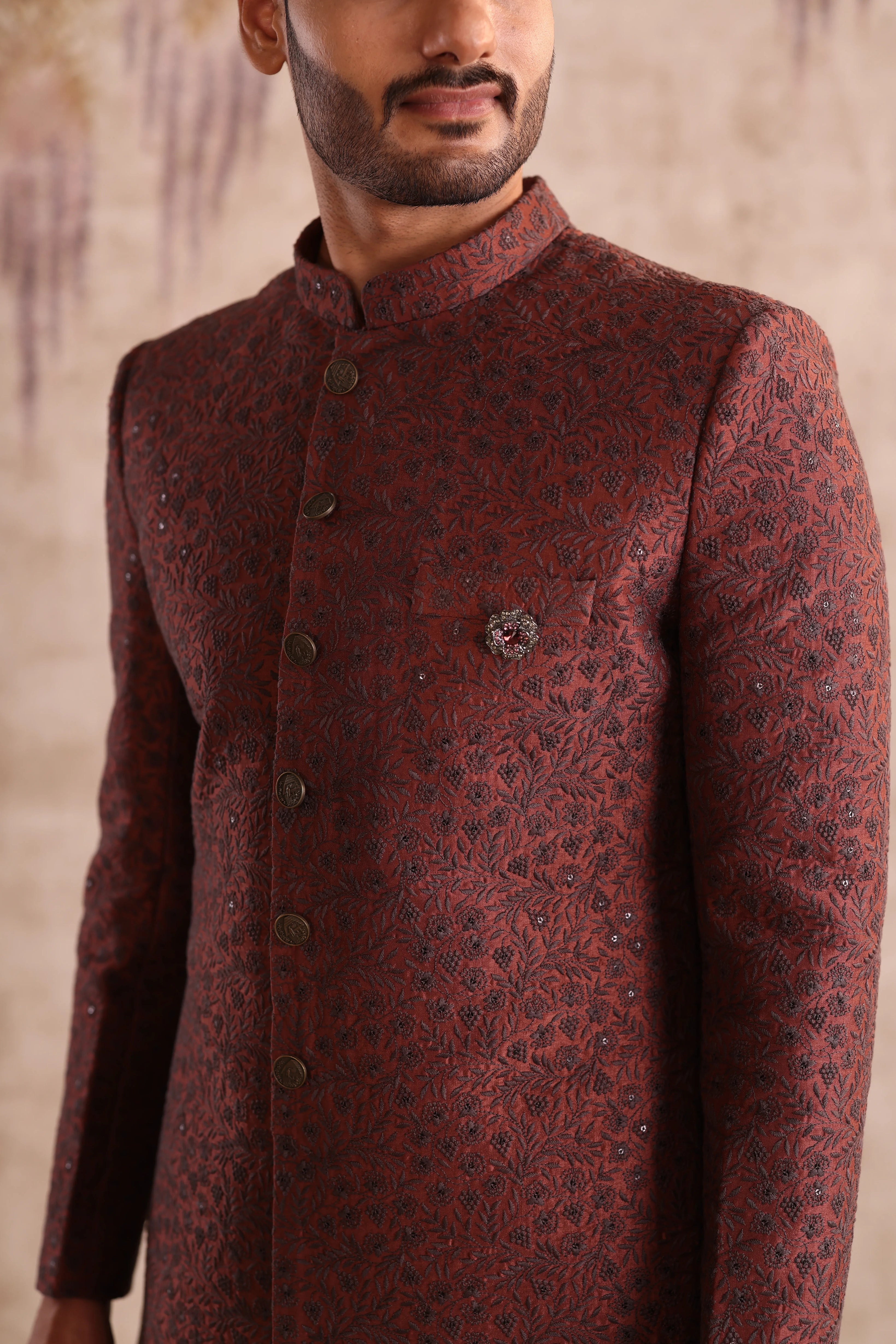 Rust embroidered indo western detailing with button