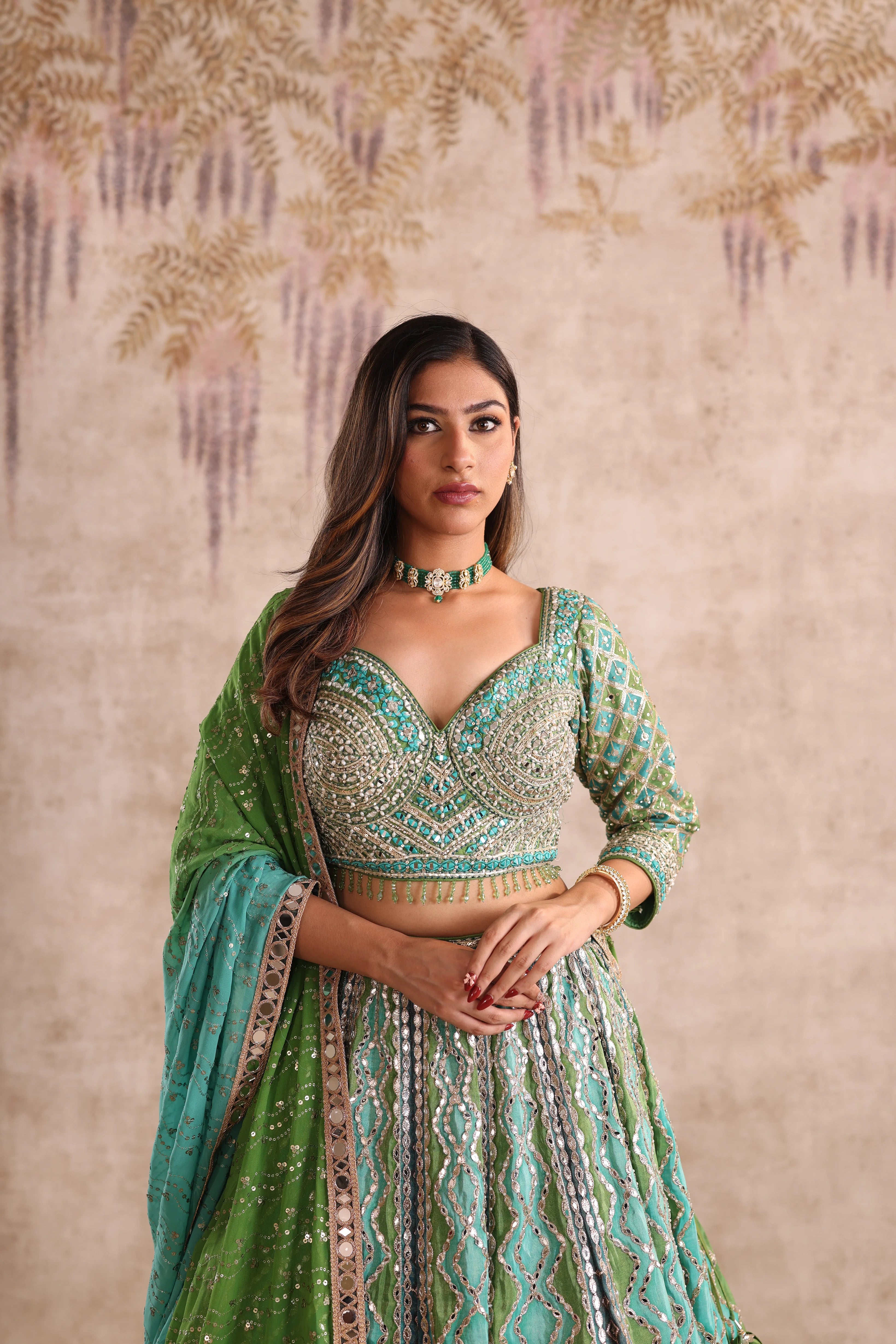 Green Mirror Work Party Wear Lehenga