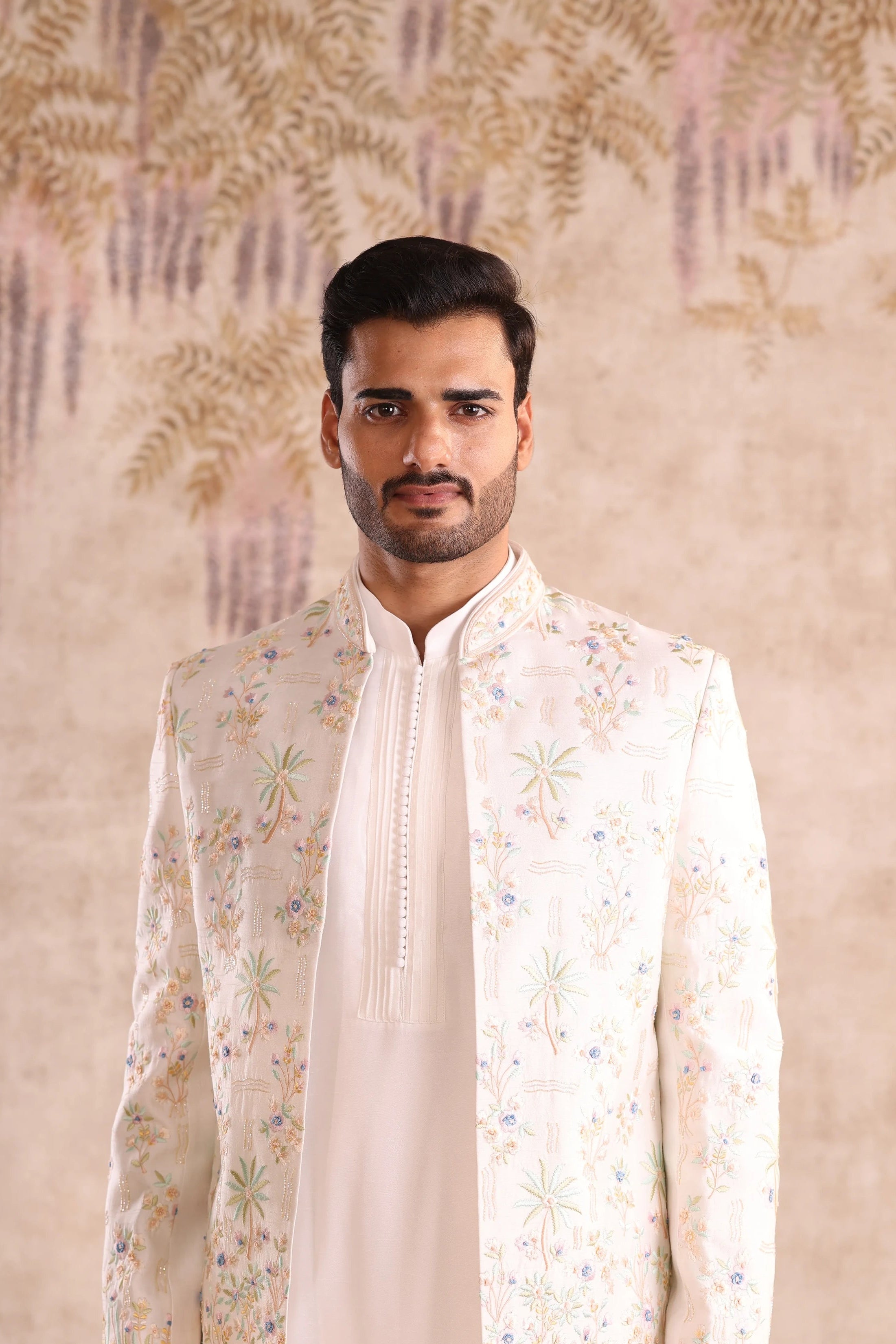 White machine embroidered indo western with kurta