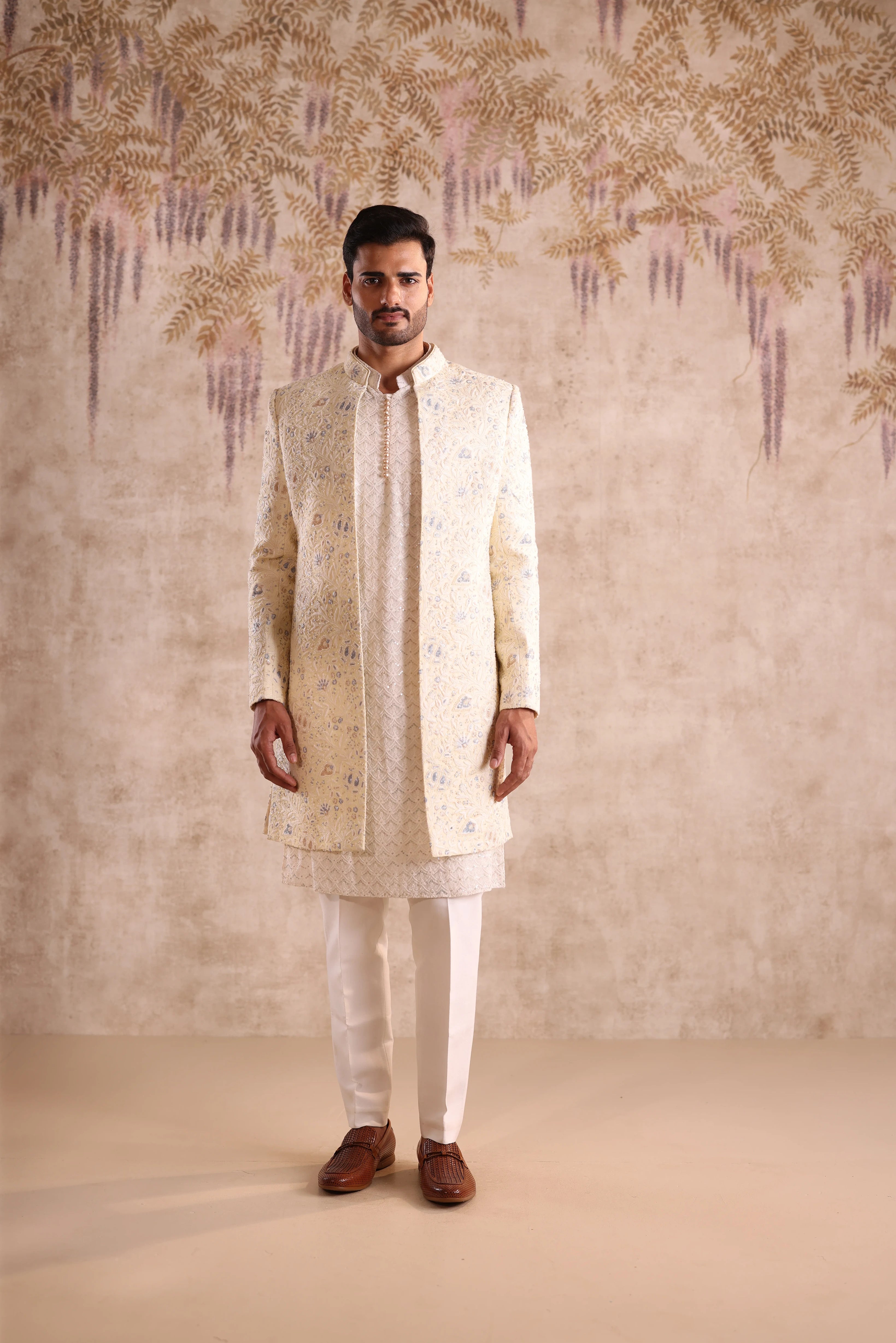 Lime yellow floral embroidered indo western with kurta