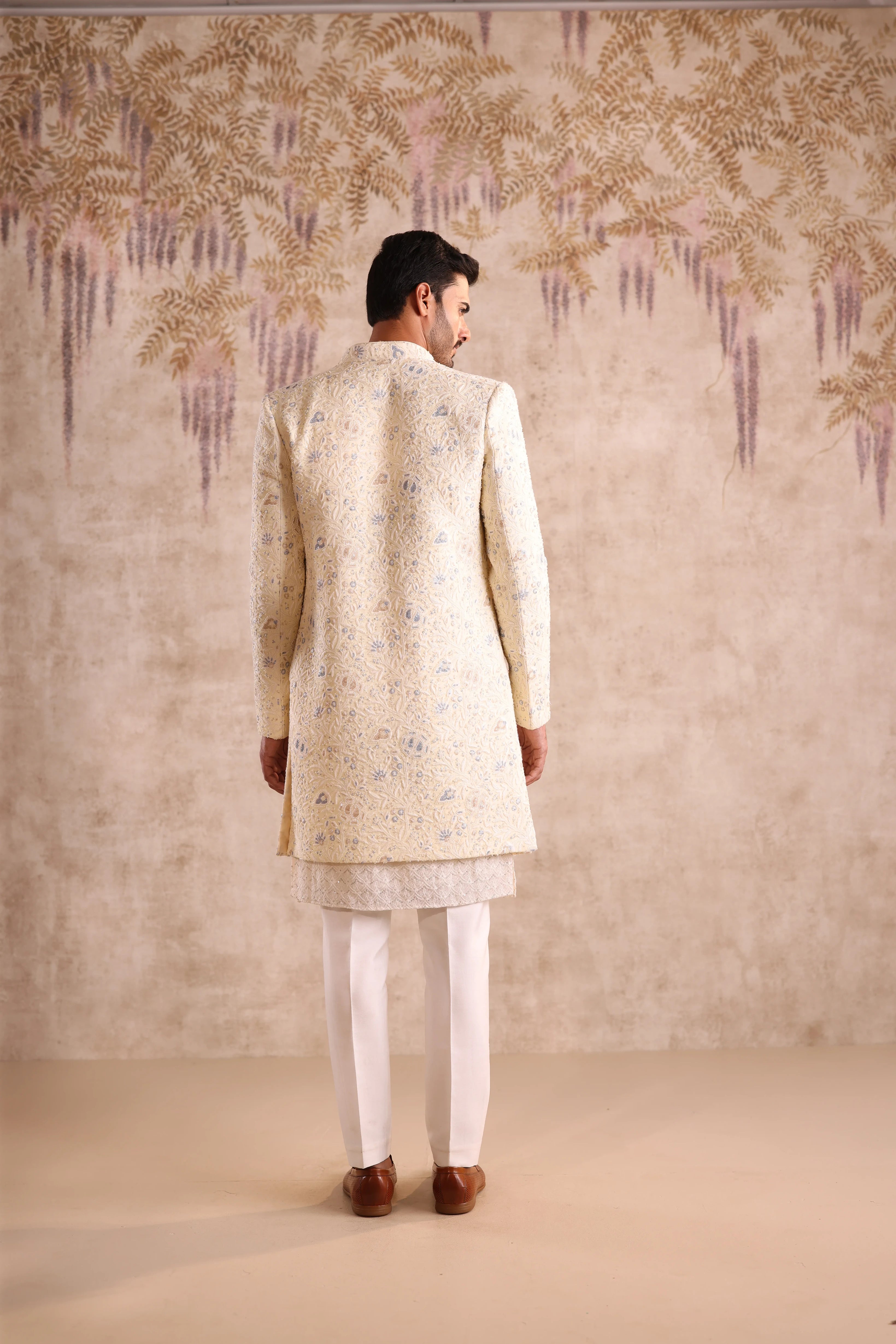 Lime yellow floral embroidered indo western with kurta