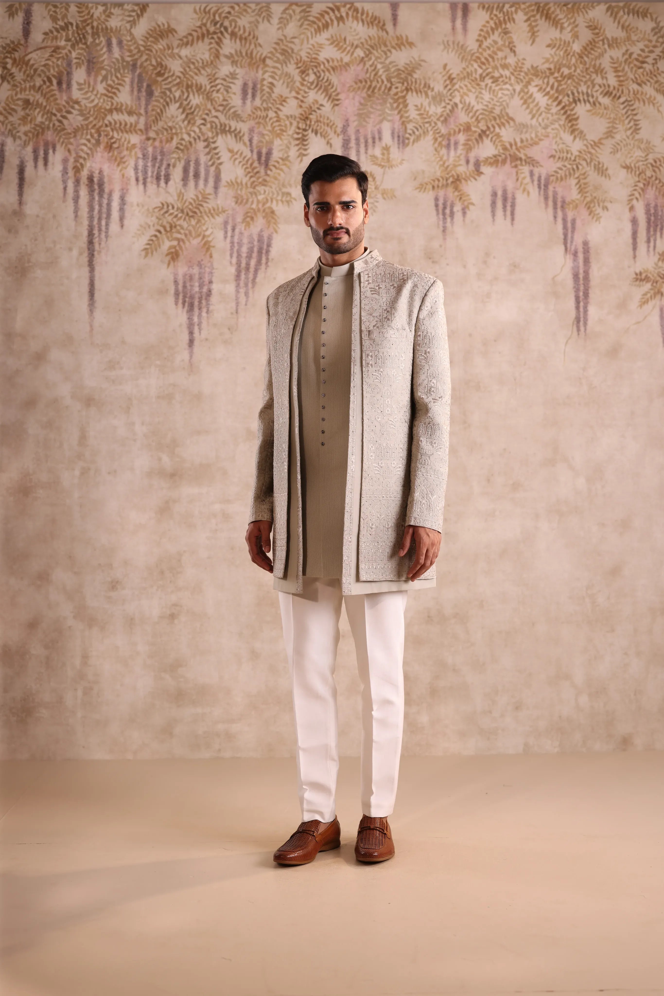 Beige Jacquard Indo Western for Men