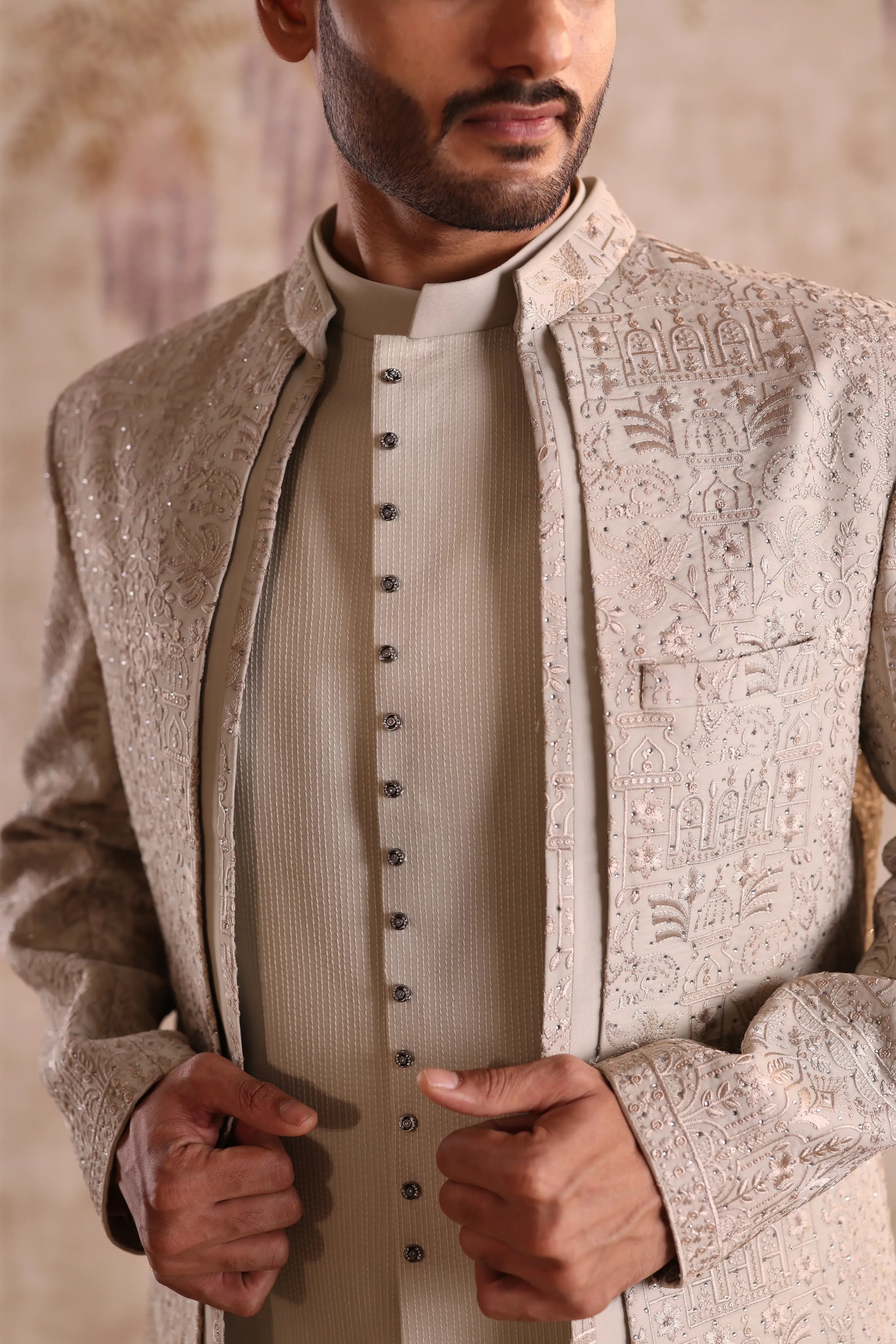 Beige Jacquard Indo Western for Men