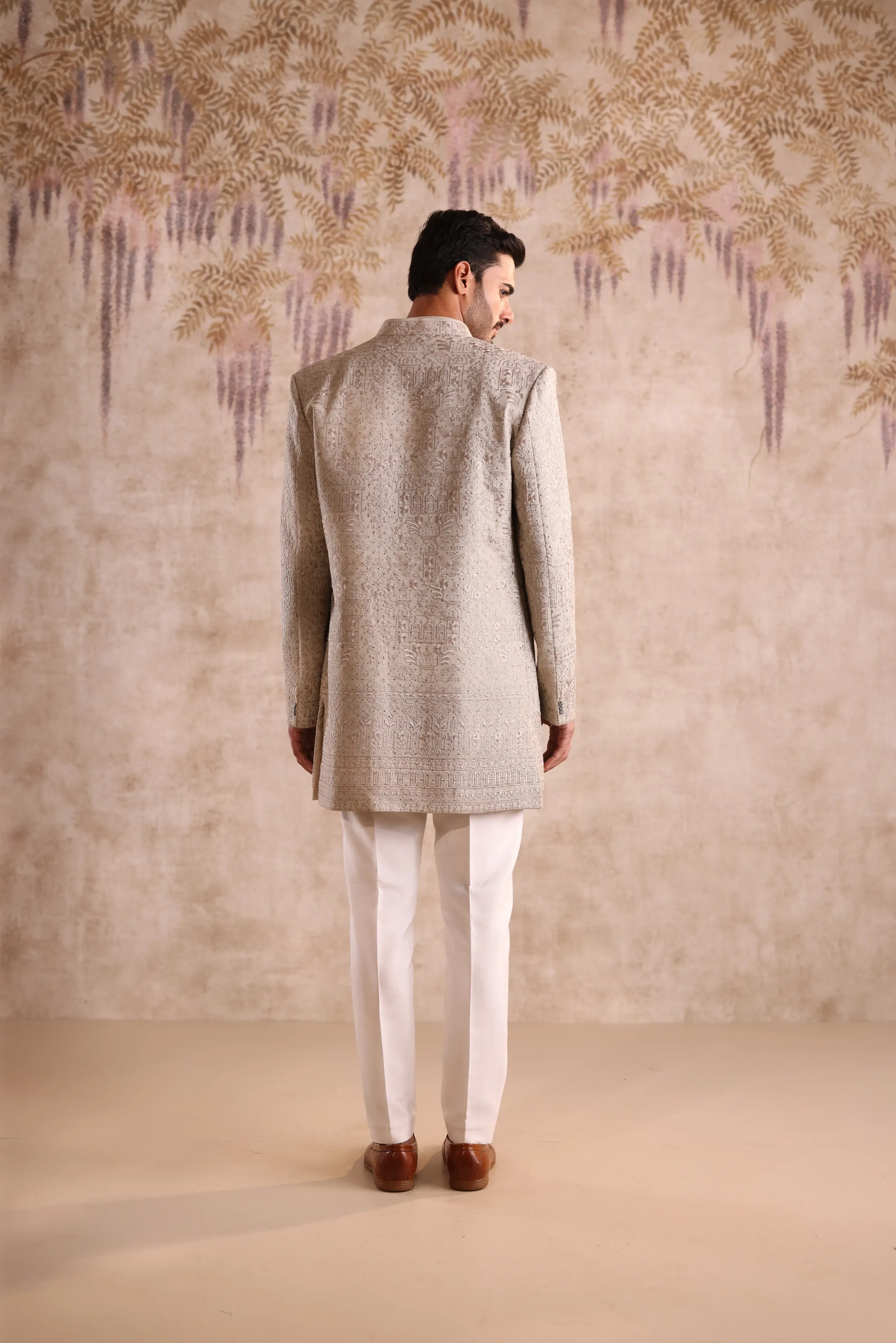 Beige Jacquard Indo Western for Men