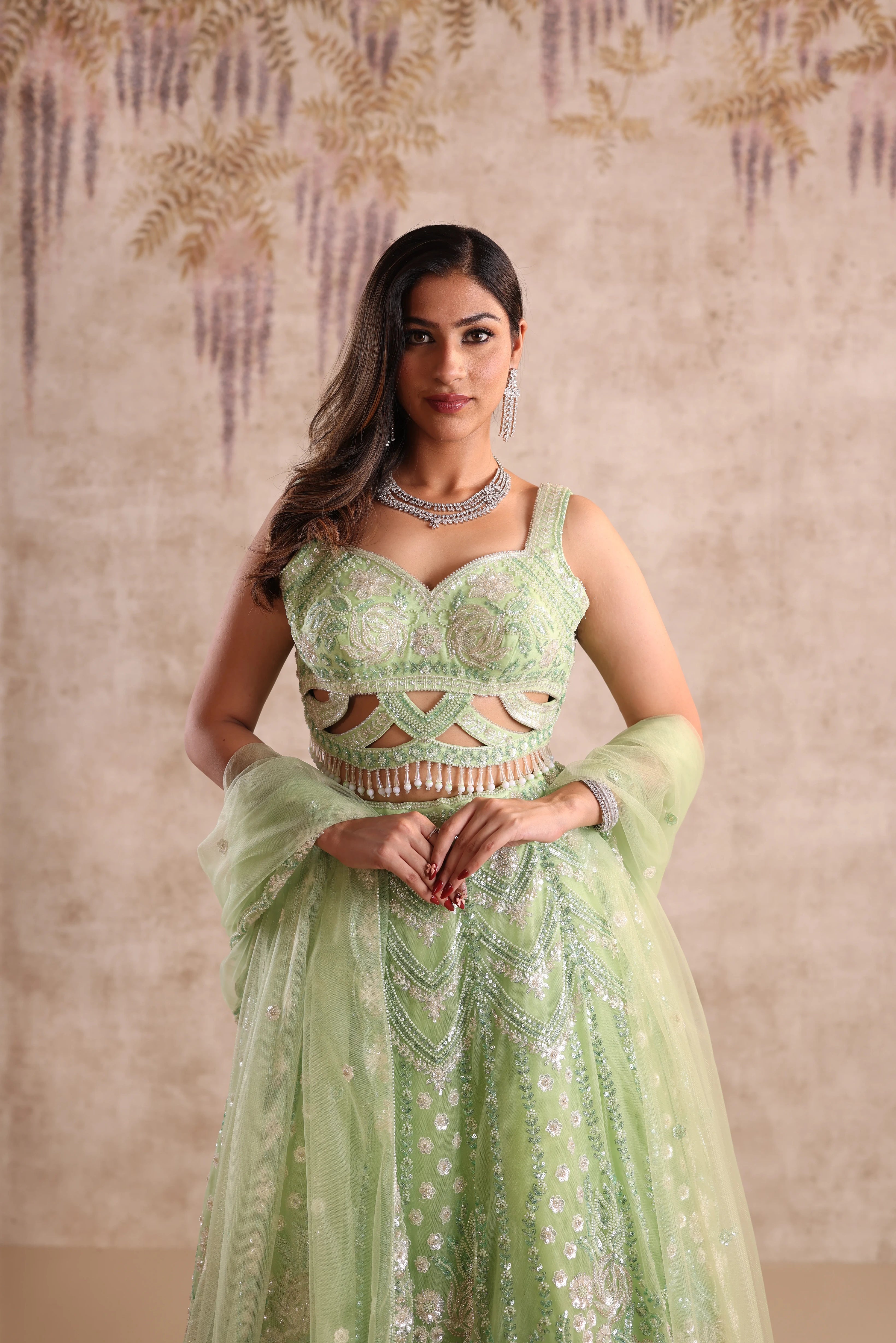 White Green Embroidered Party Wear Lehenga