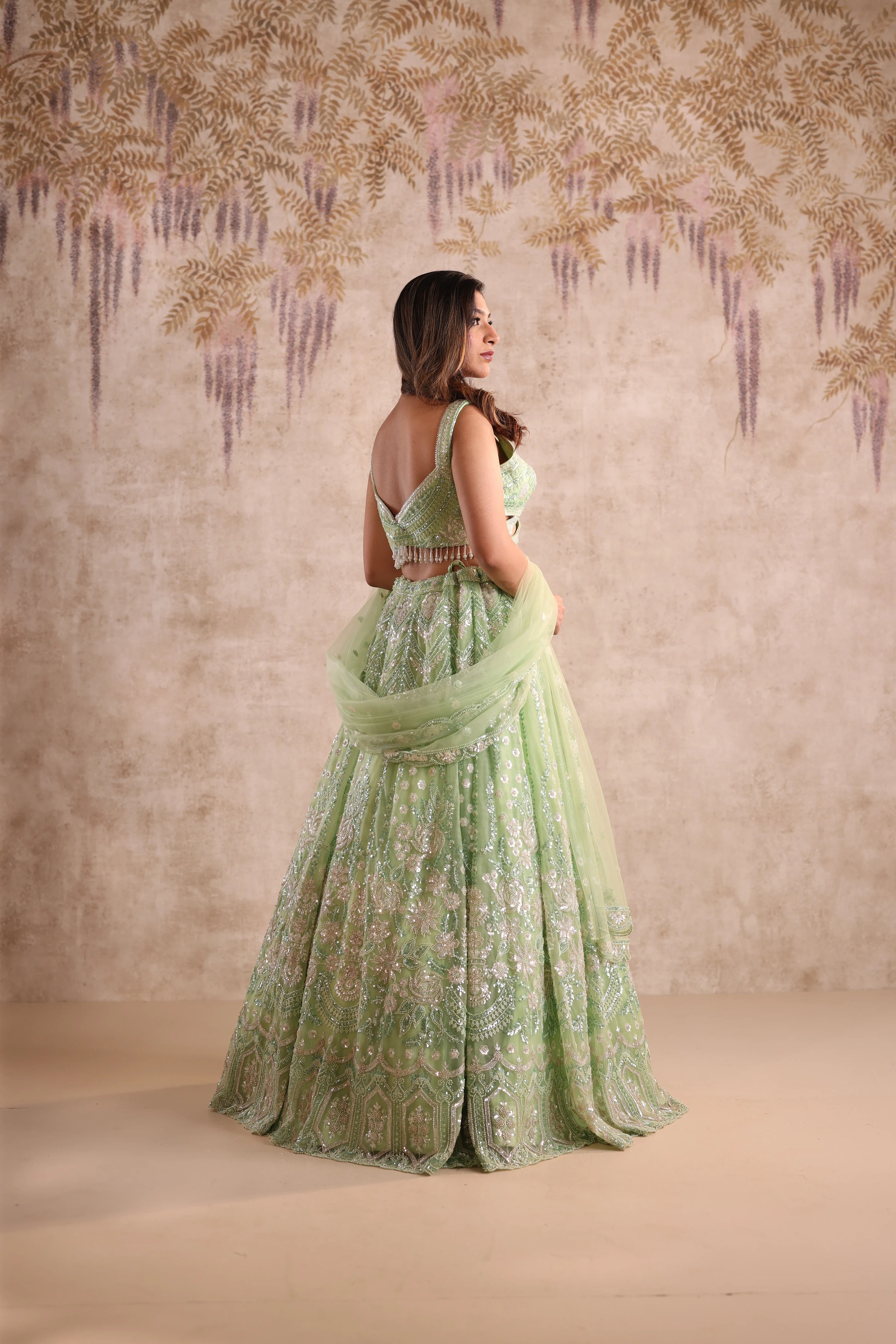 White Green Embroidered Party Wear Lehenga
