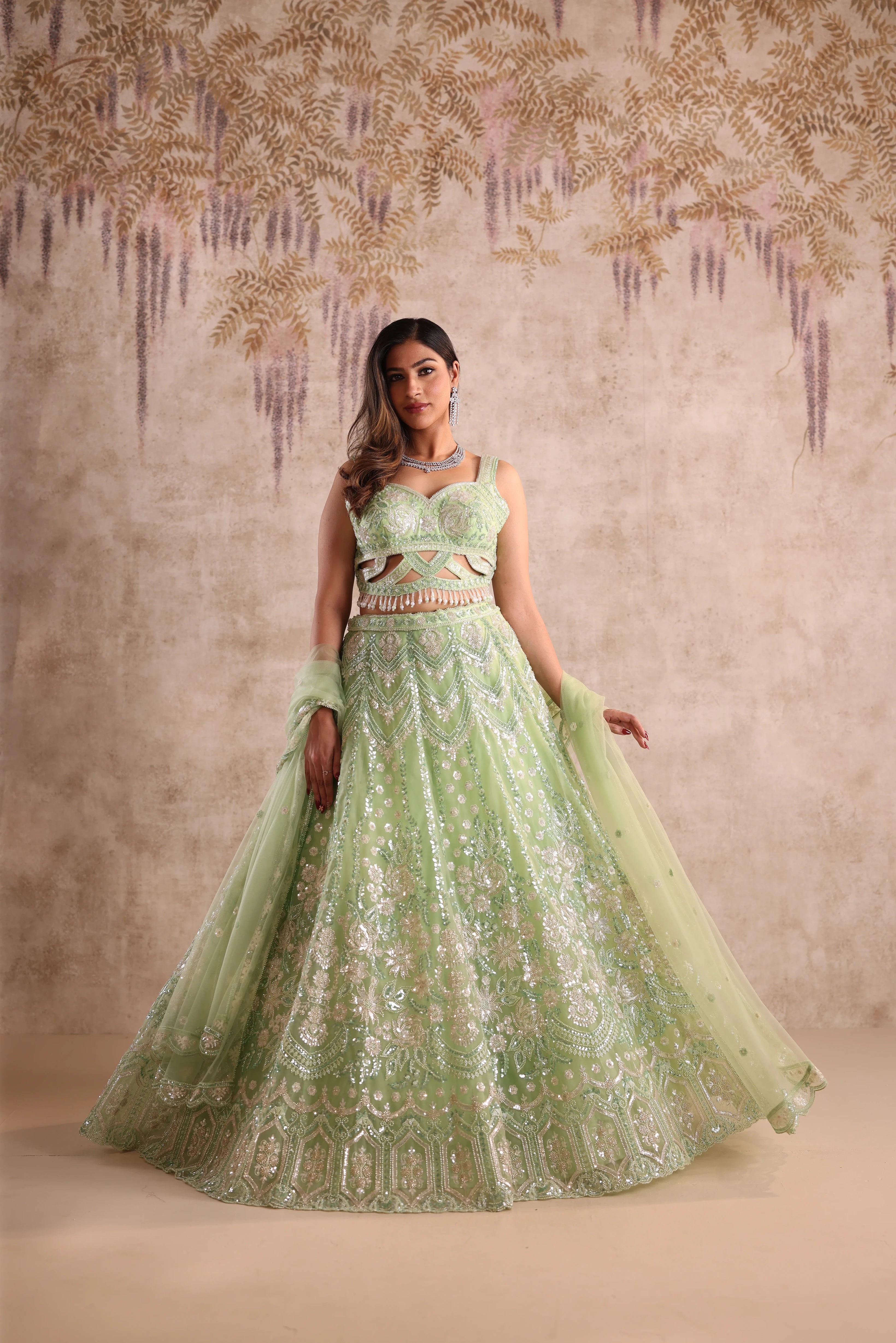 White Green Embroidered Party Wear Lehenga