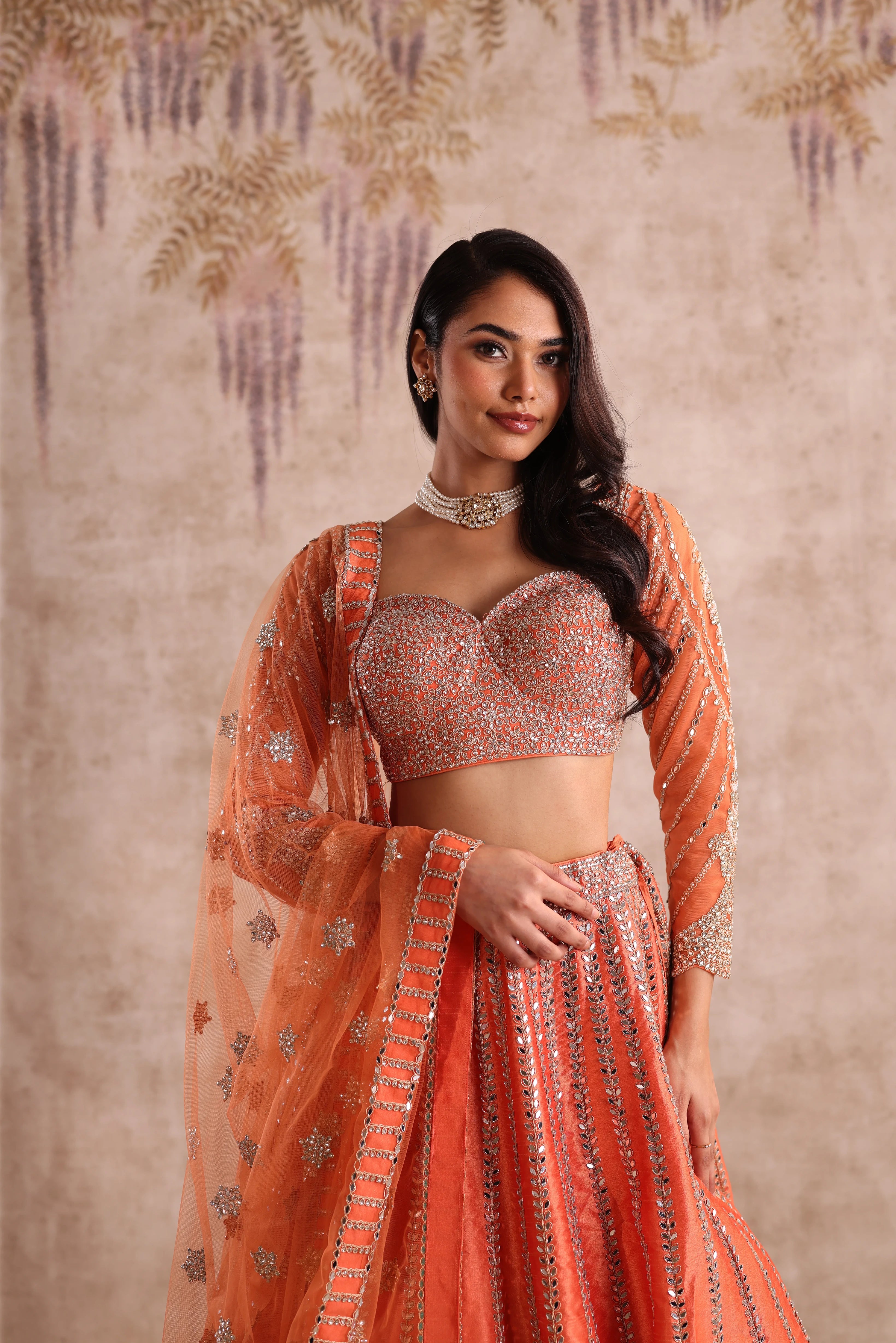 Rust Orange Embroidered Party Wear Lehenga